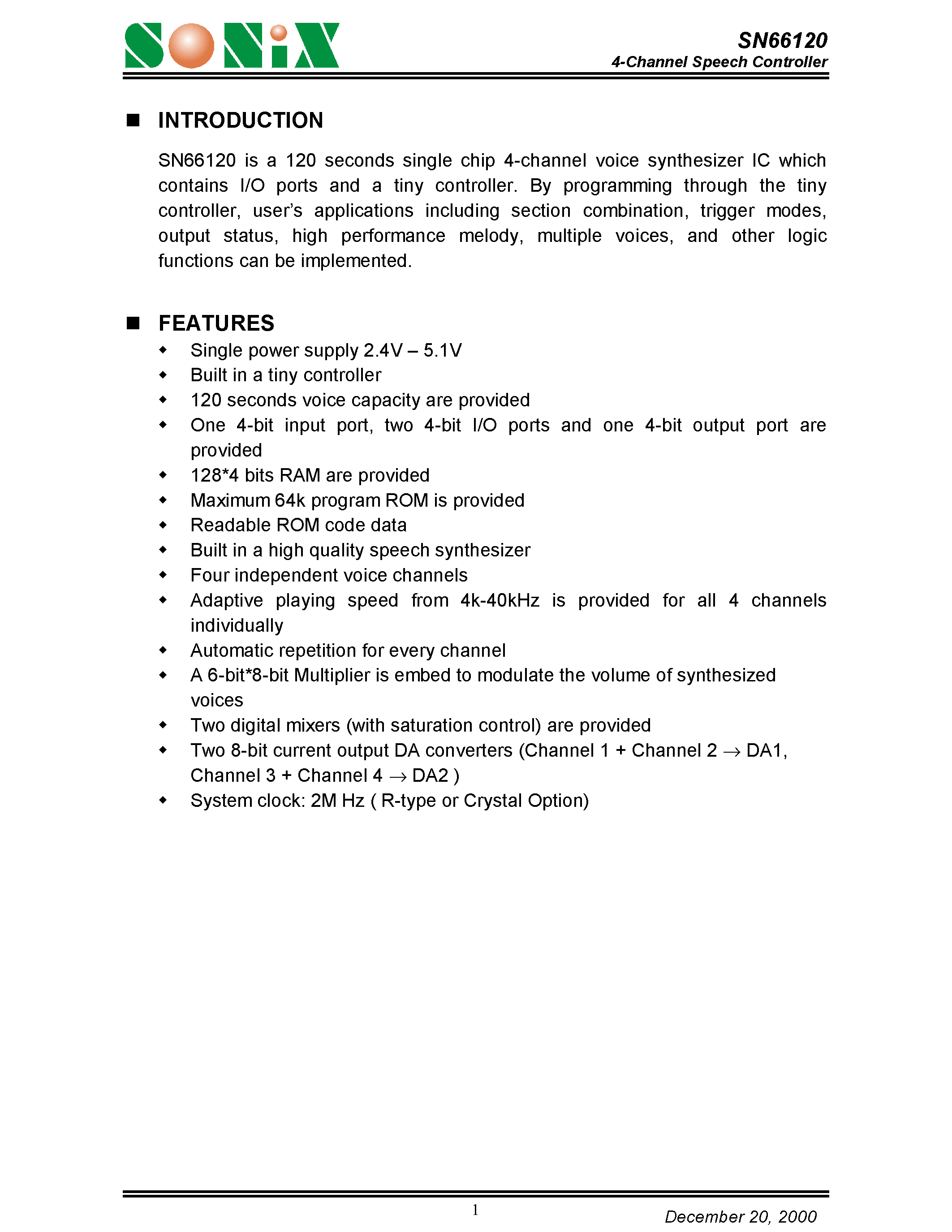 Datasheet SN66120 - 4-Channel Speech Controller page 1