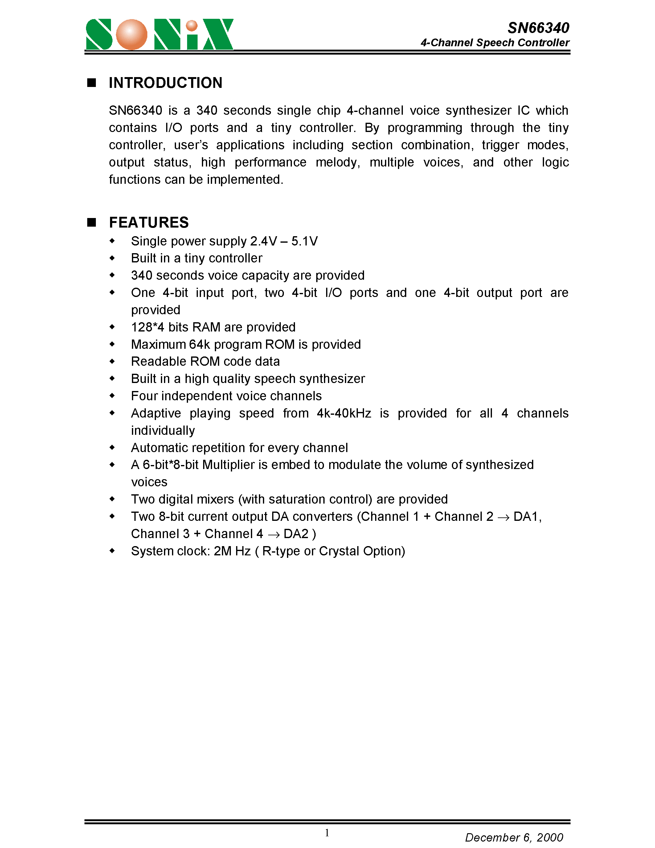 Datasheet SN66340 - 4-Channel Speech Controller page 1