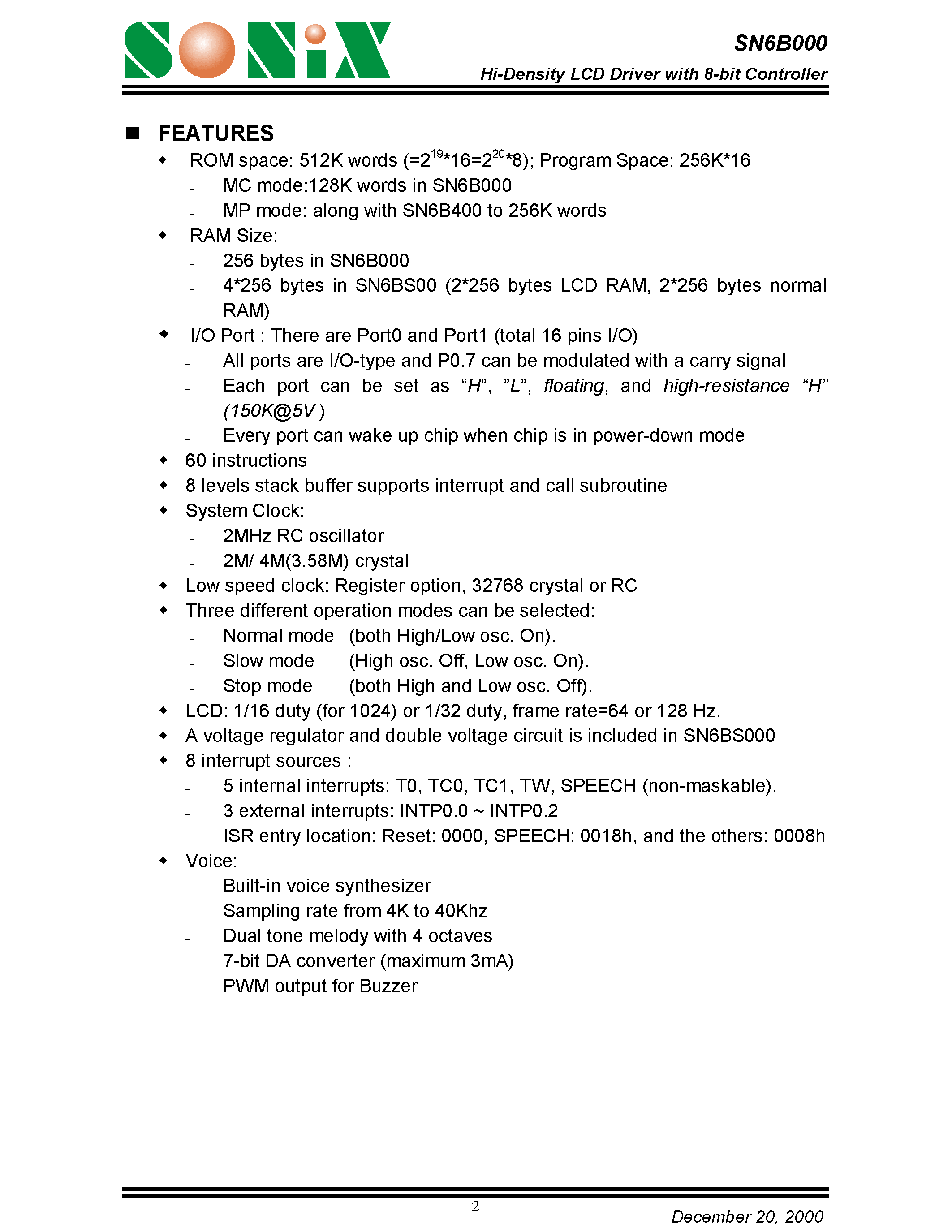 Даташит SN6B400 - Hi-Density LCD Driver with 8-bit Controller страница 2