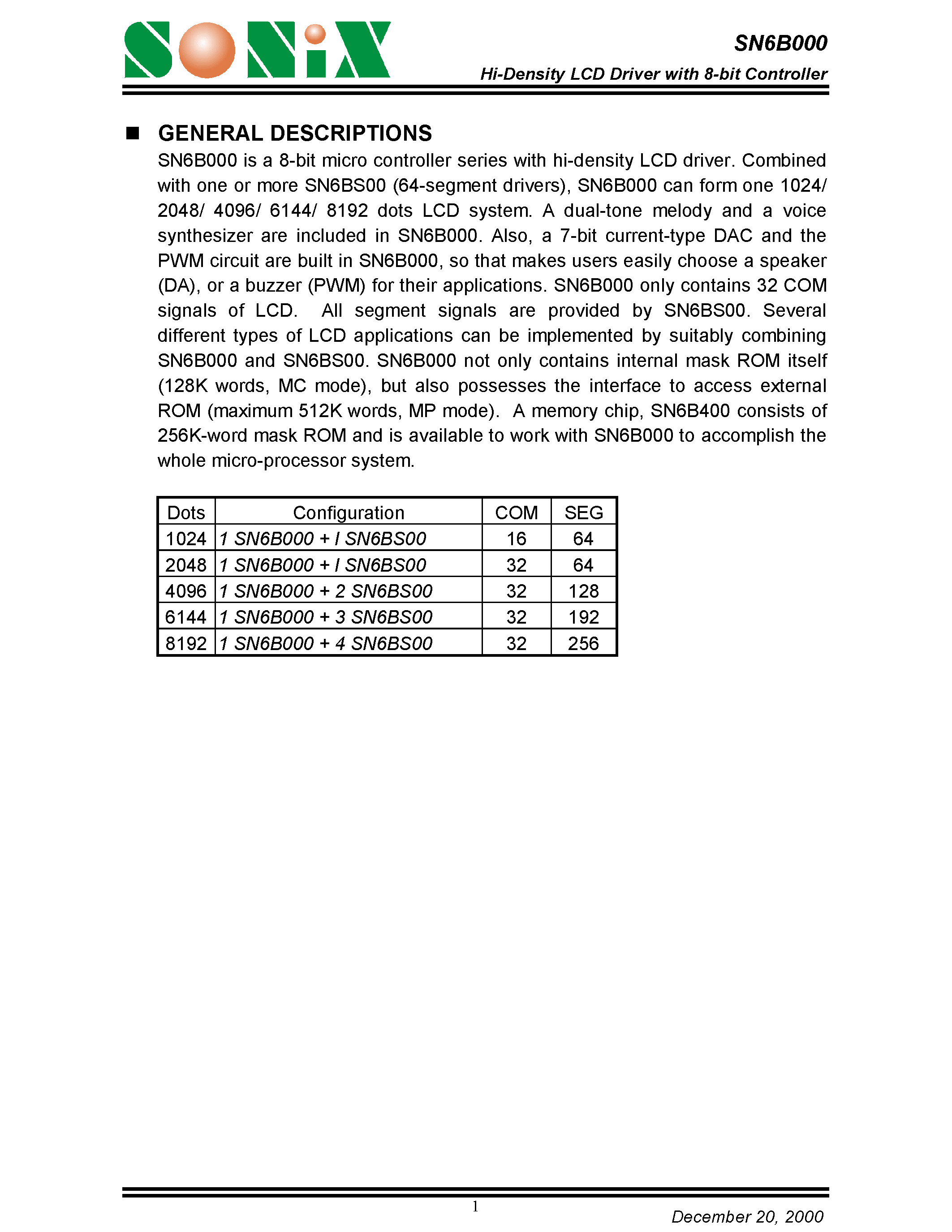 Даташит SN6BS00 - Hi-Density LCD Driver with 8-bit Controller страница 1