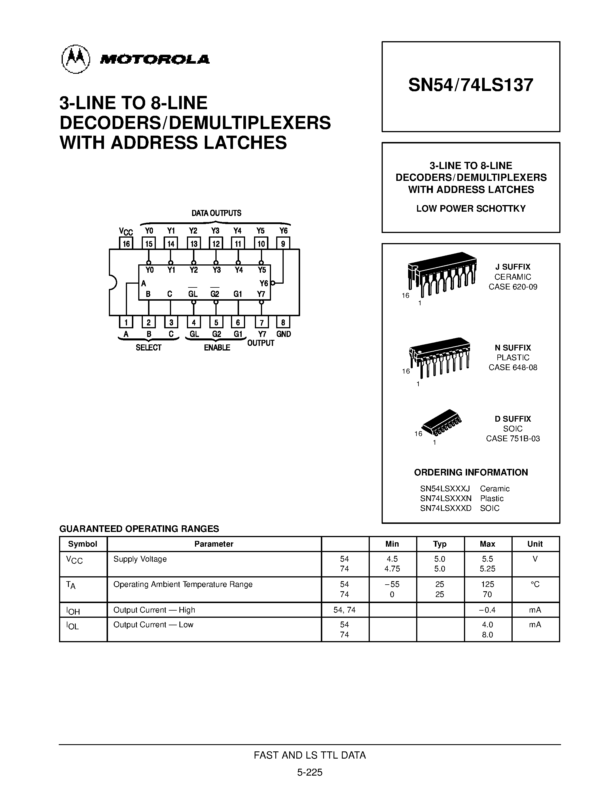Datasheet SN54LS137 - 3-LINE TO 8-LINE DECODERS/DEMULTIPLEXERS WITH ADDRESS LATCHES page 1