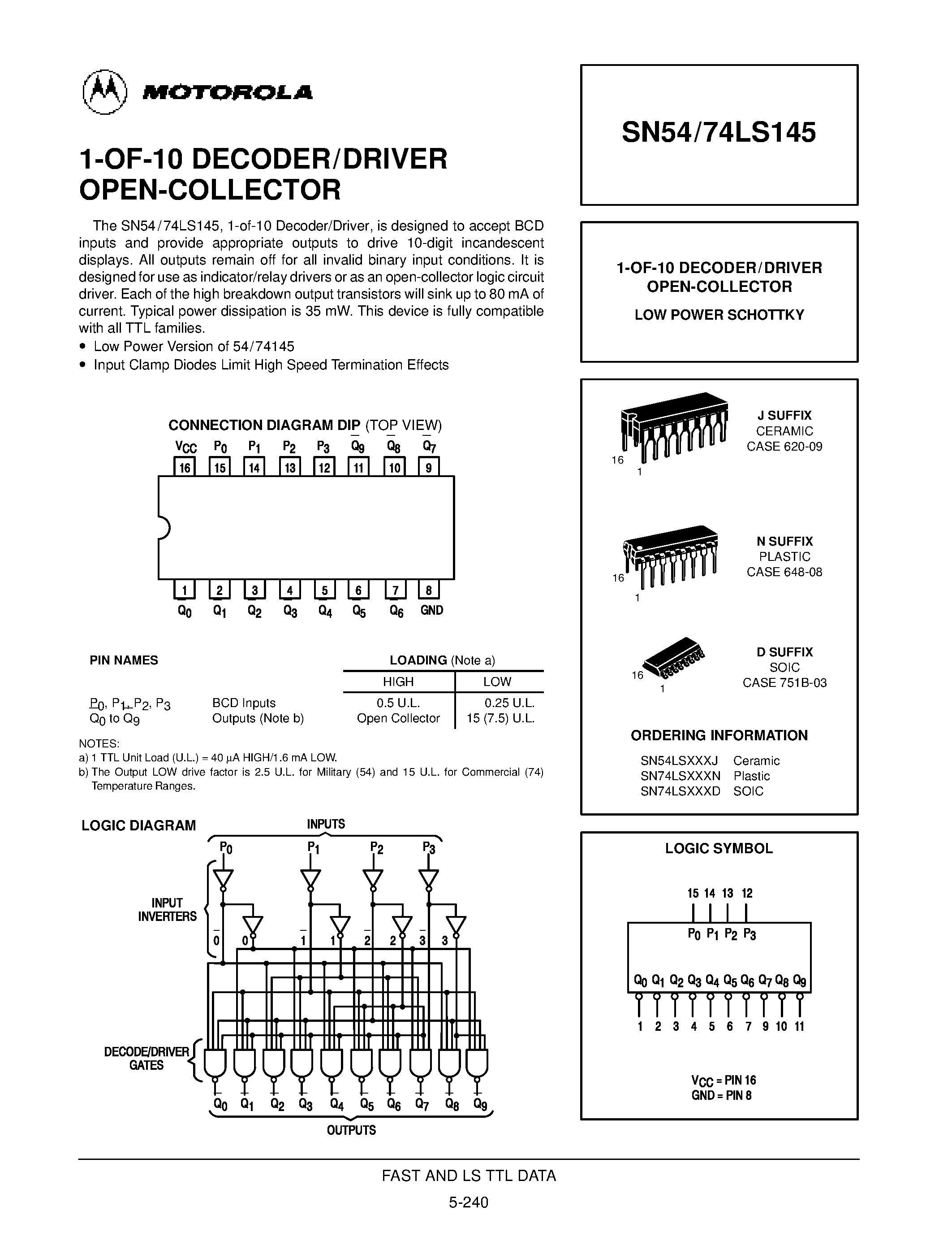Datasheet SN54LS145J - 1-OF-10 DECODER/DRIVER OPEN-COLLECTOR page 1