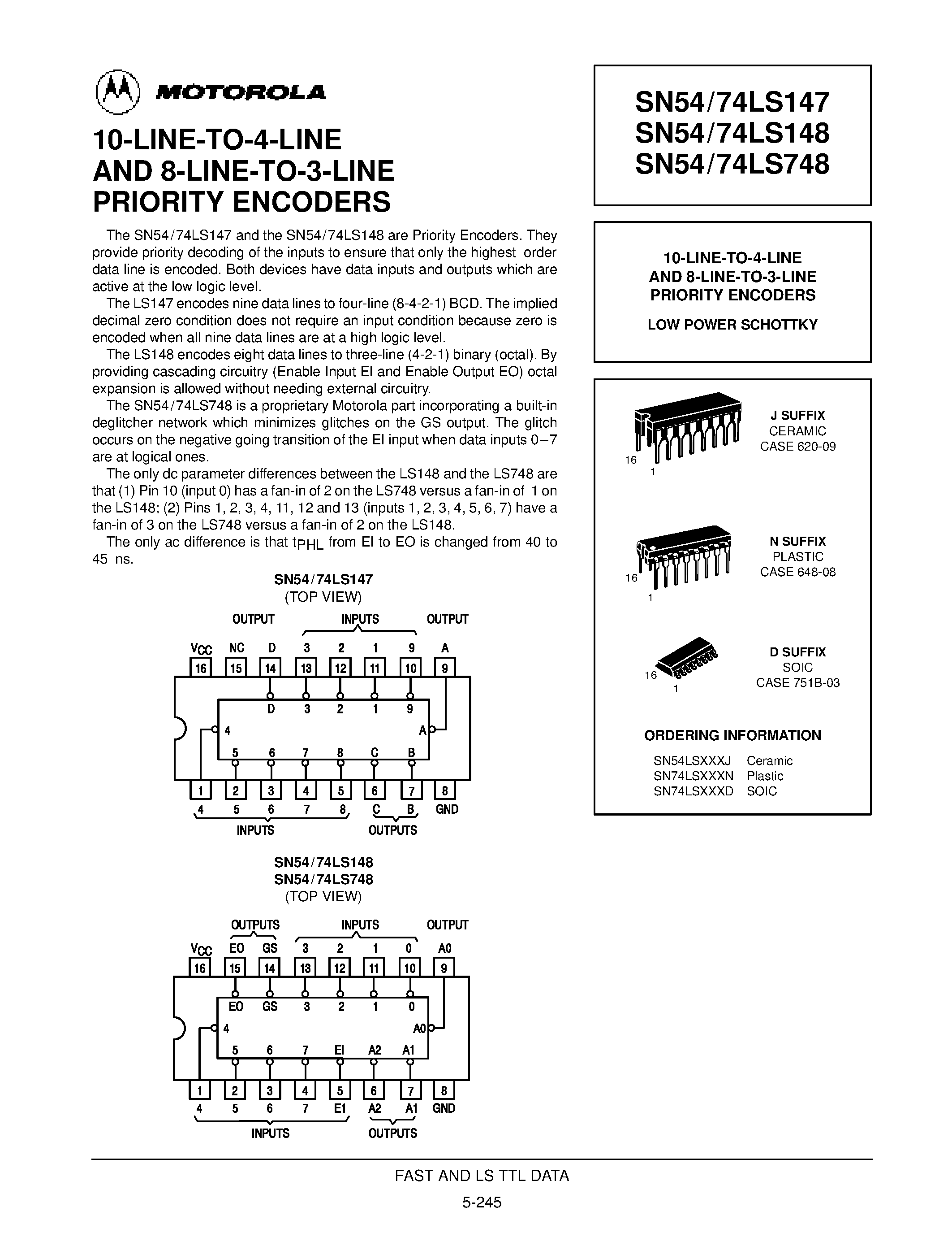 Datasheet SN54LS147J - 10-LINE-TO-4-LINE AND 8-LINE-TO-3-LINE PRIORITY ENCODERS page 1
