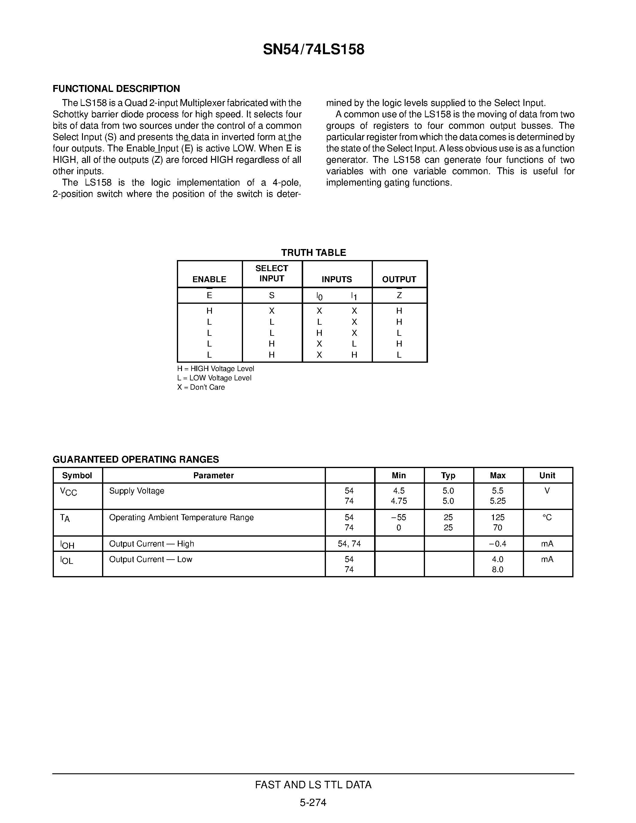 Datasheet SN54LS158 page 2 Datasheet SN54LS158 - QUAD 2-INPUT MULTIPLEXER page 2