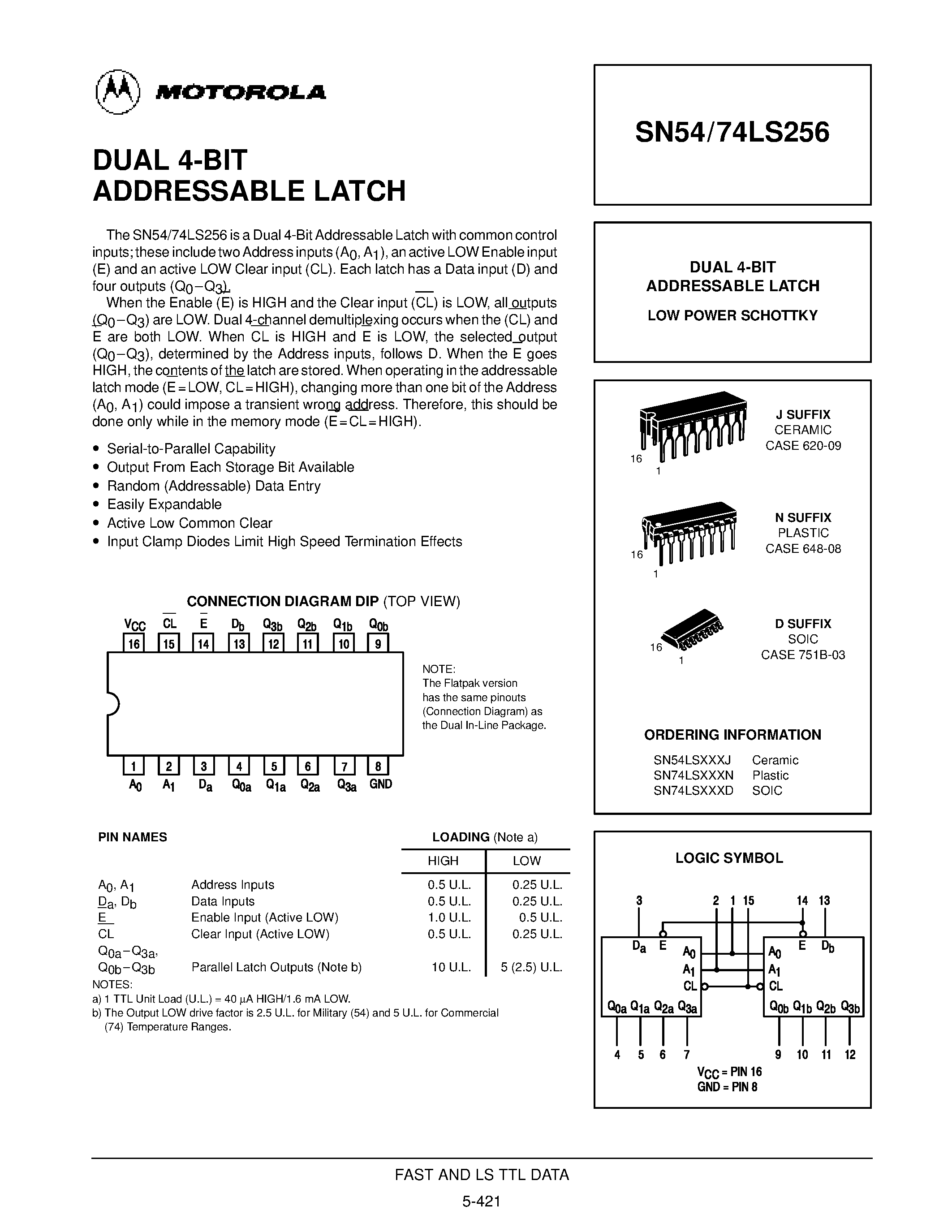 Datasheet SN54LS256J - DUAL 4-BIT ADDRESSABLE LATCH page 1
