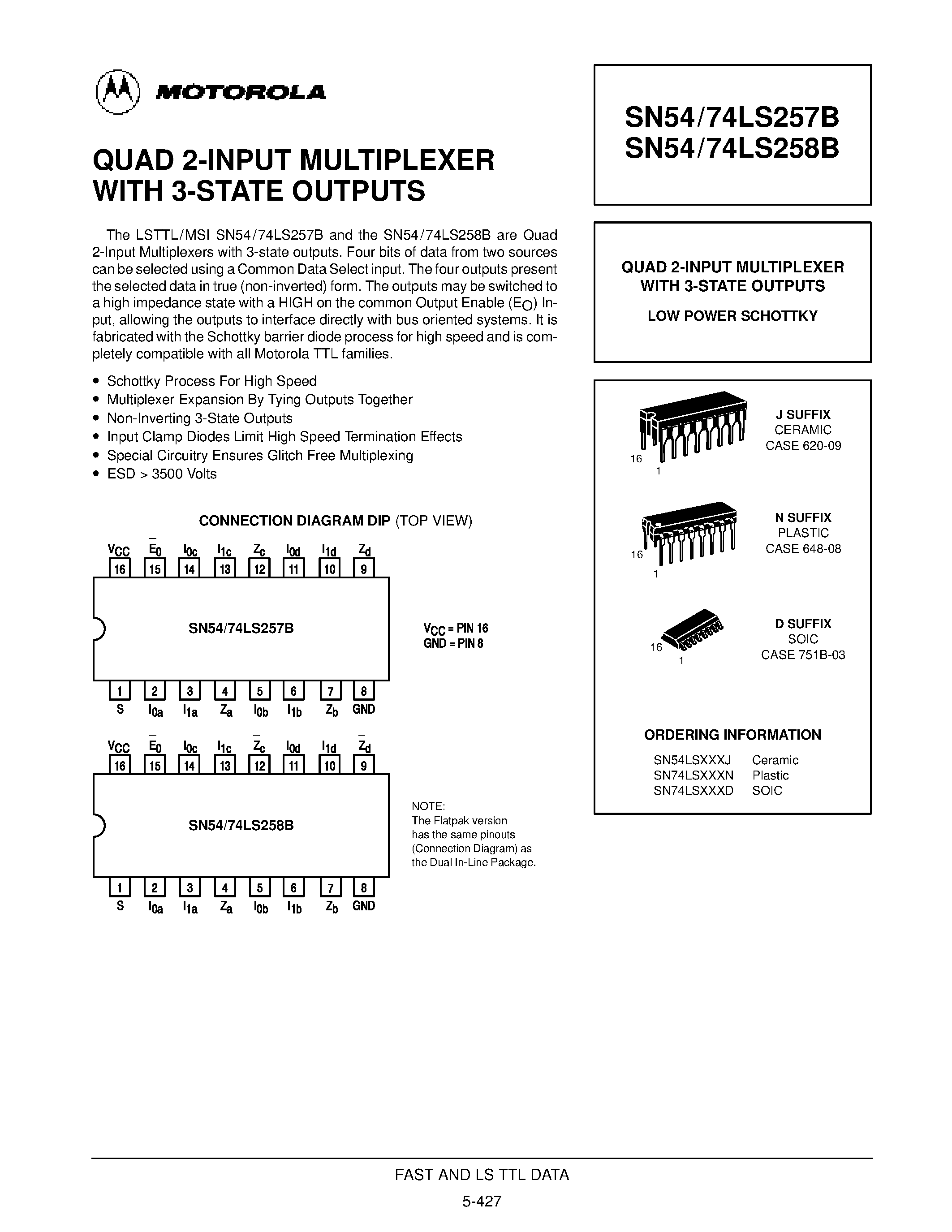 Datasheet SN54LS257J - QUAD 2-INPUT MULTIPLEXER WITH 3-STATE OUTPUTS page 1