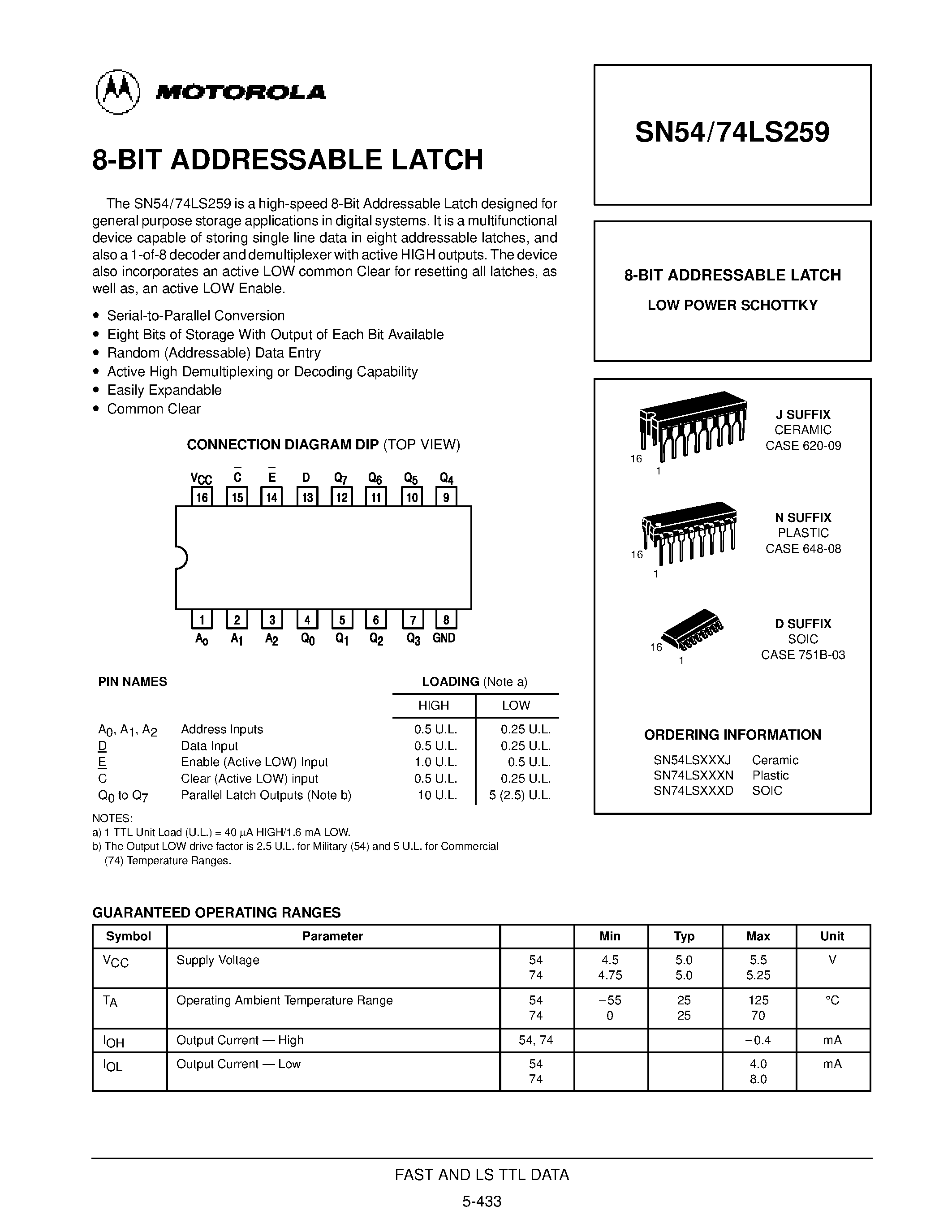 Datasheet SN54LS259 page 1 Datasheet SN54LS259 - 8-BIT ADDRESSABLE LATCH page 1