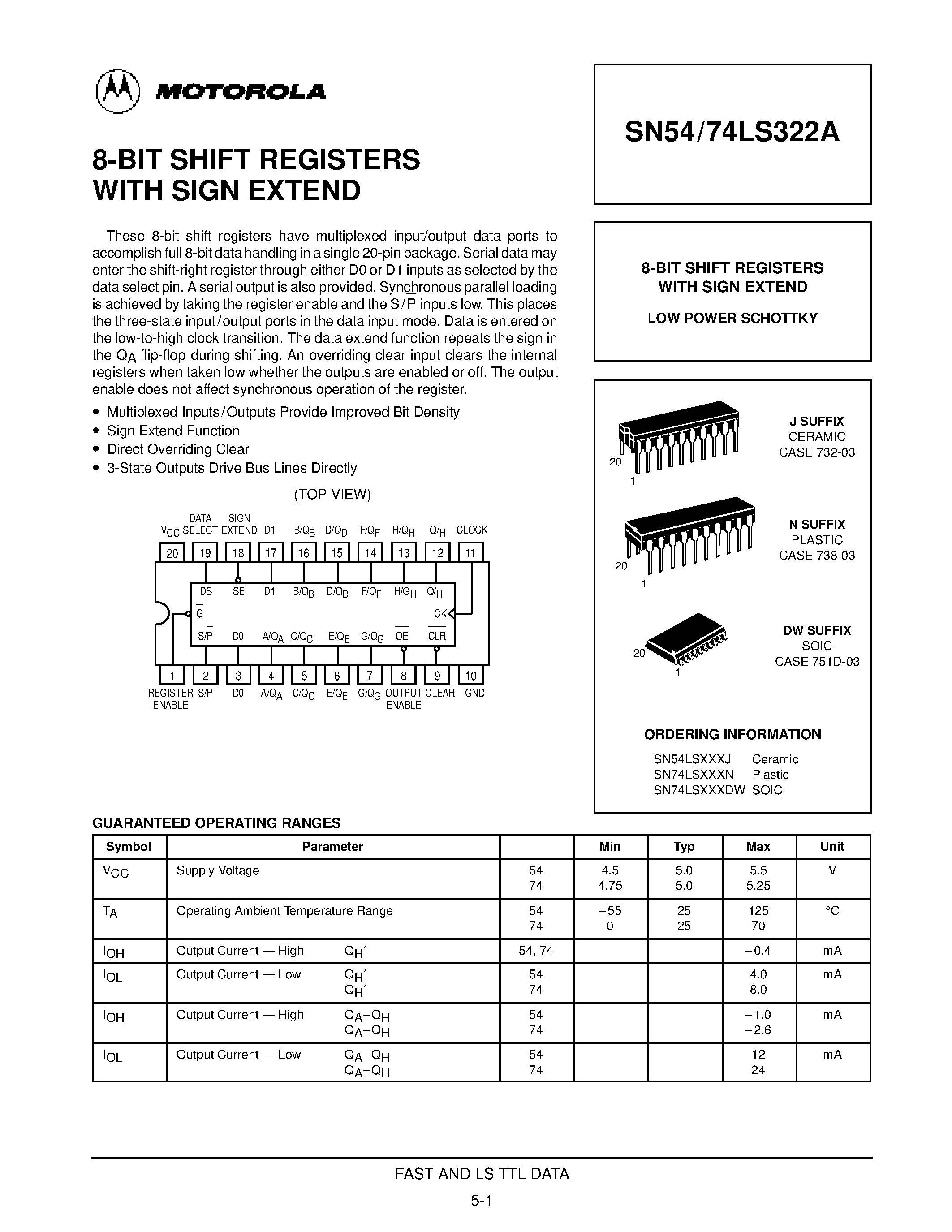 Даташит SN54LS322J - 8-BIT SHIFT REGISTERS WITH SIGN EXTEND страница 1