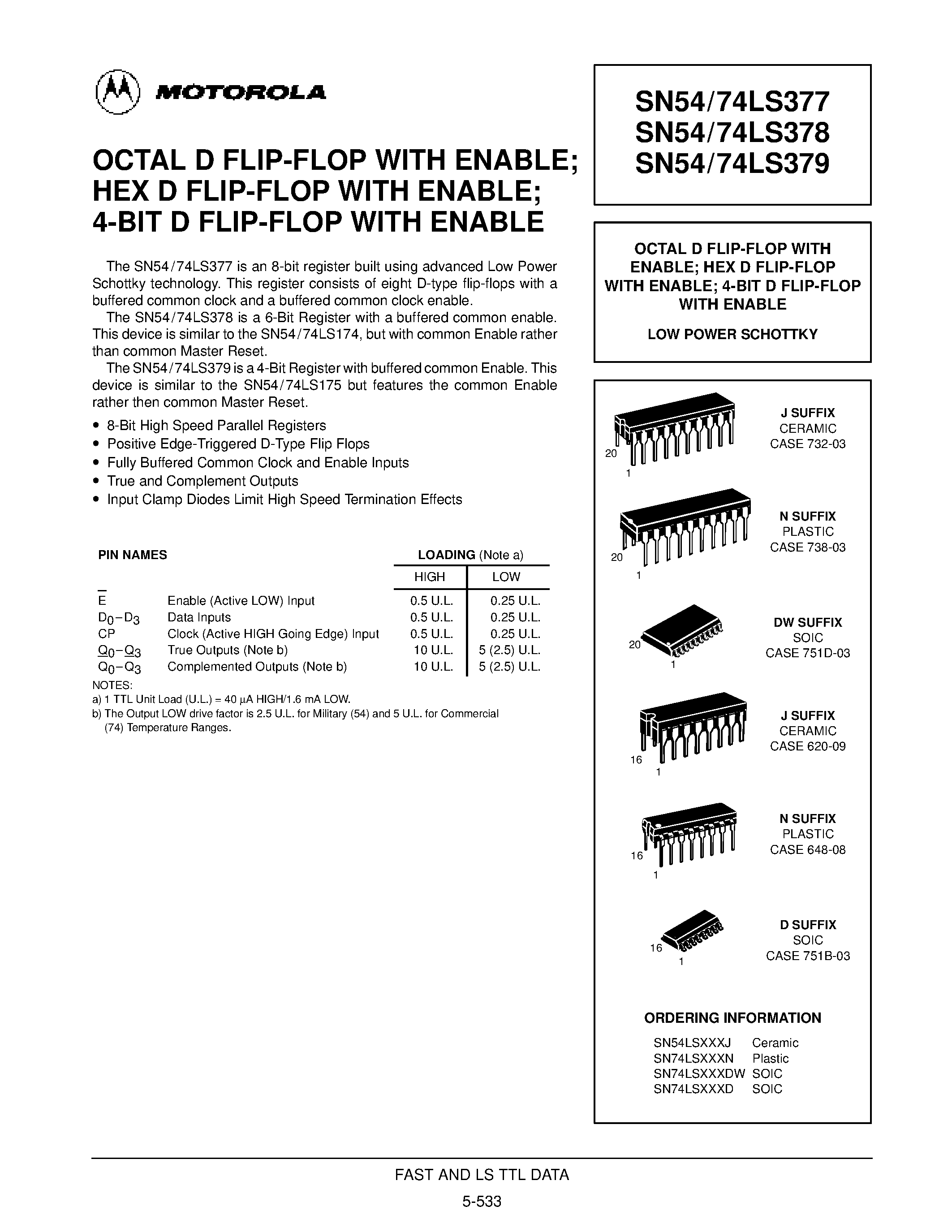 Datasheet SN54LS377 - OCTAL D FLIP-FLOP WITH ENABLE; HEX D FLIP-FLOP WITH ENABLE; 4-BIT D FLIP-FLOP WITH ENABLE page 1