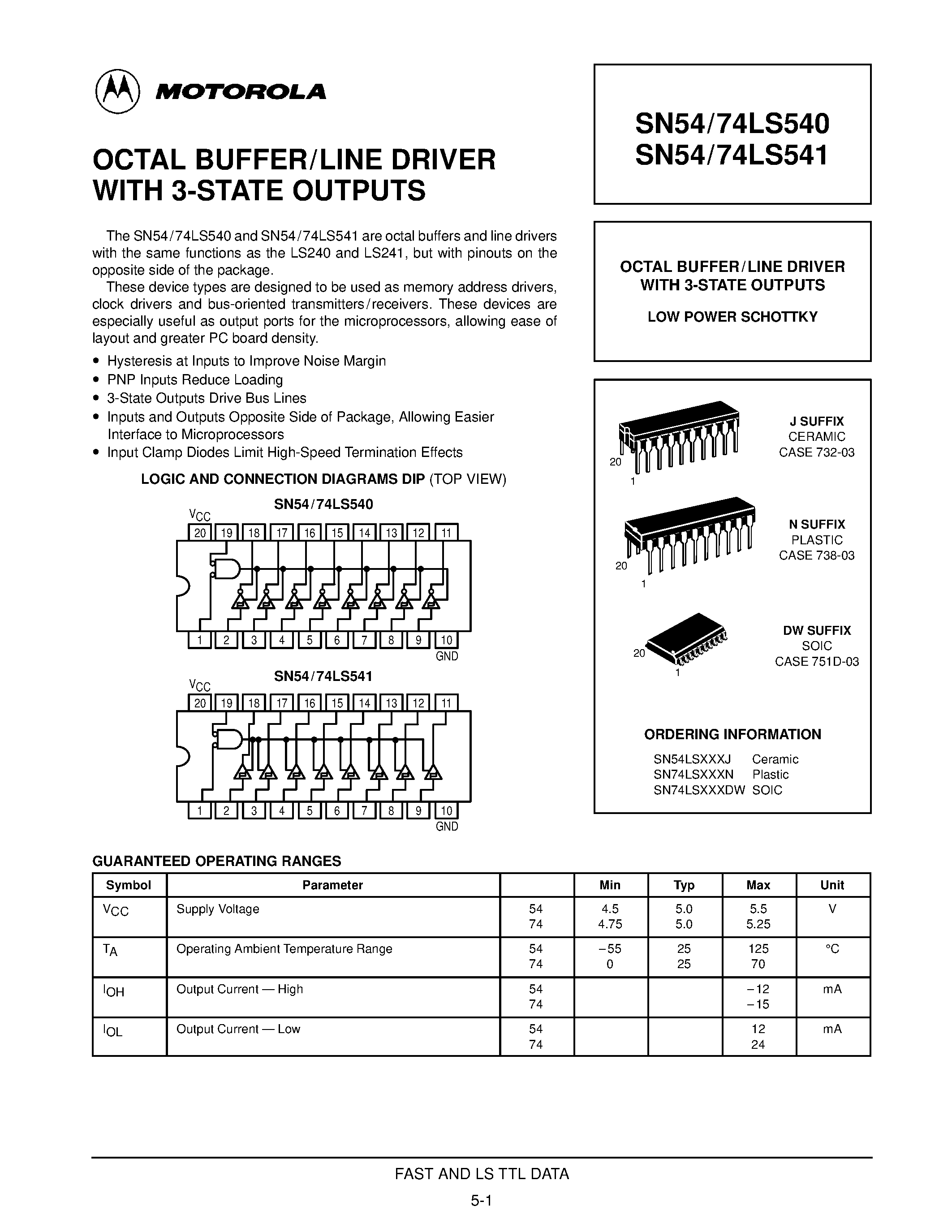 Datasheet SN54LS540J - OCTAL BUFFER/LINE DRIVER WITH 3-STATE OUTPUTS page 1