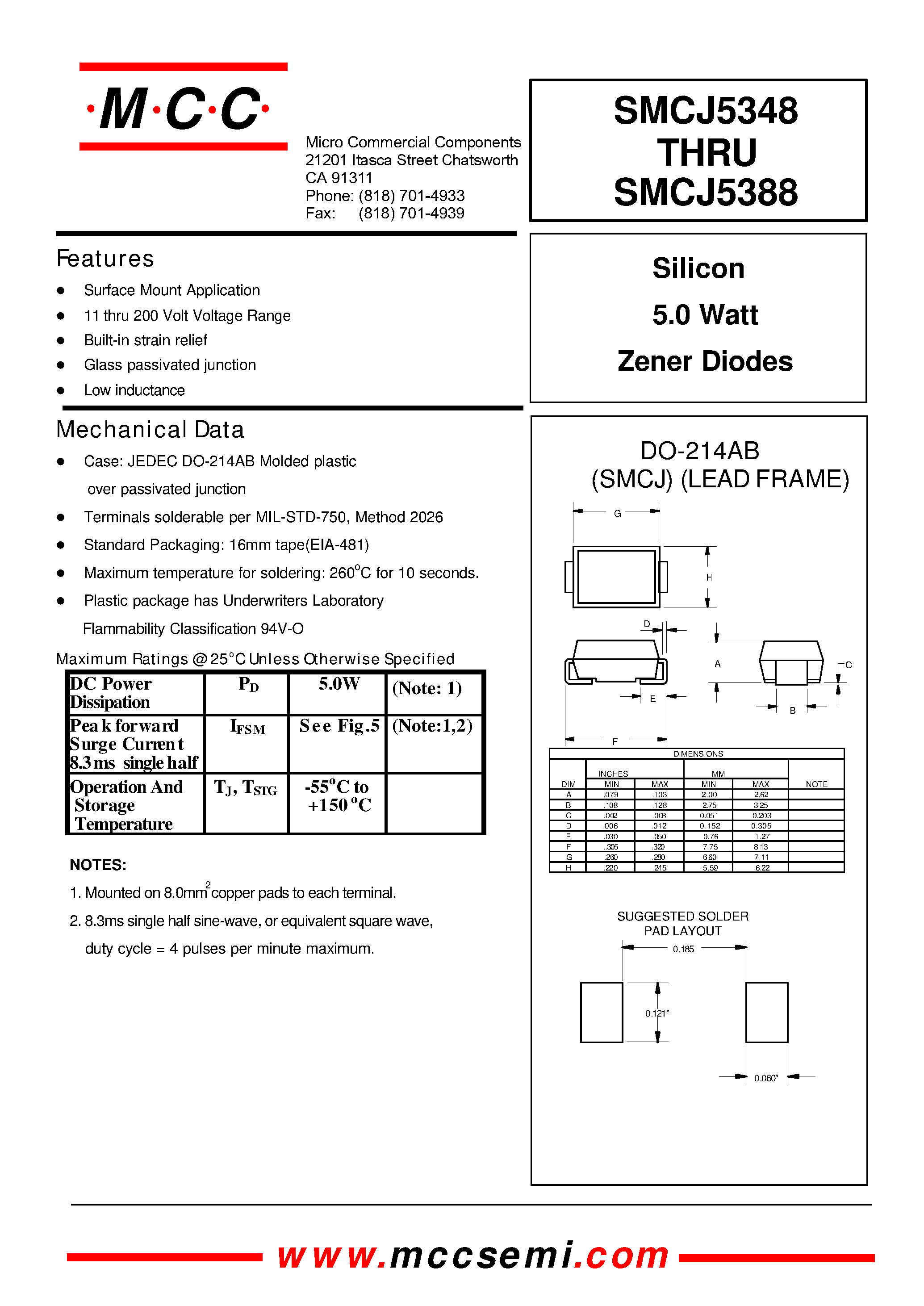 Datasheet SMCJ5376 page 1 Datasheet SMCJ5376 - Silicon 5.0 Watt Zener Diodes page 1