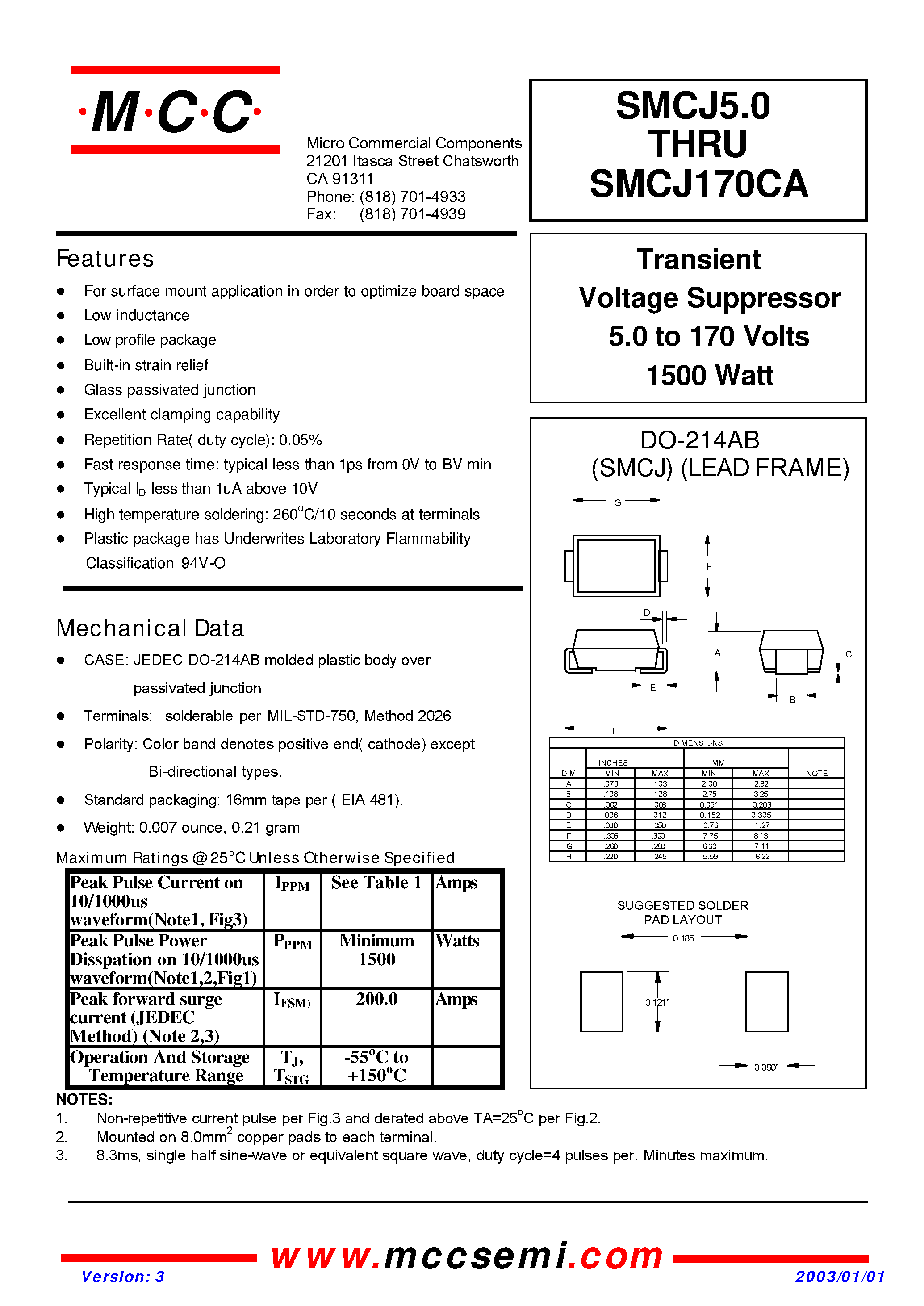 Datasheet SMCJ6.5 - Transient Voltage Suppressor 5.0 to 170 Volts 1500 Watt page 1