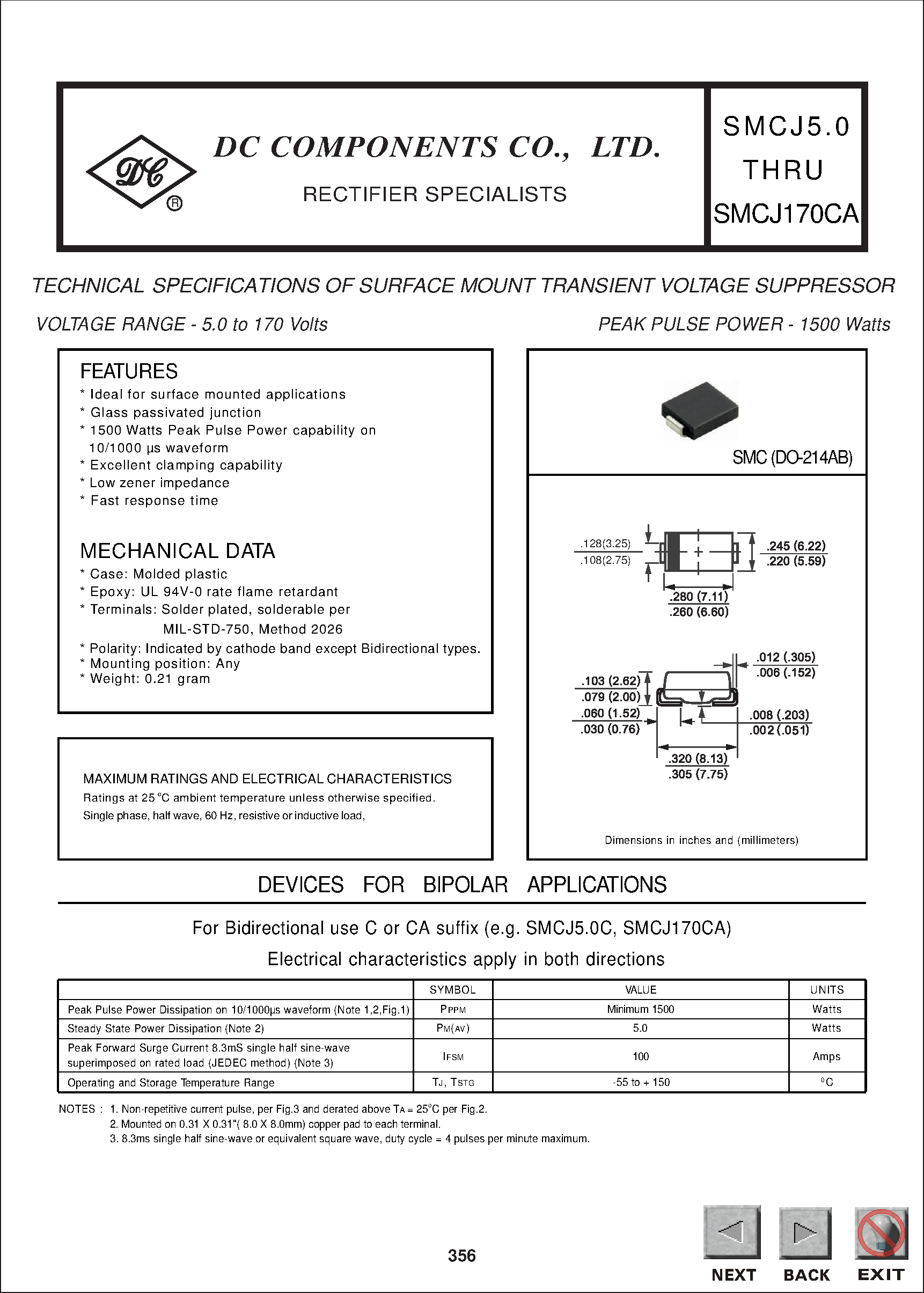 Datasheet SMCJ7.5 (dc) - TECHNICAL SPECIFICATIONS OF SURFACE MOUNT TRANSIENT VOLTAGE SUPPRESSOR page 1