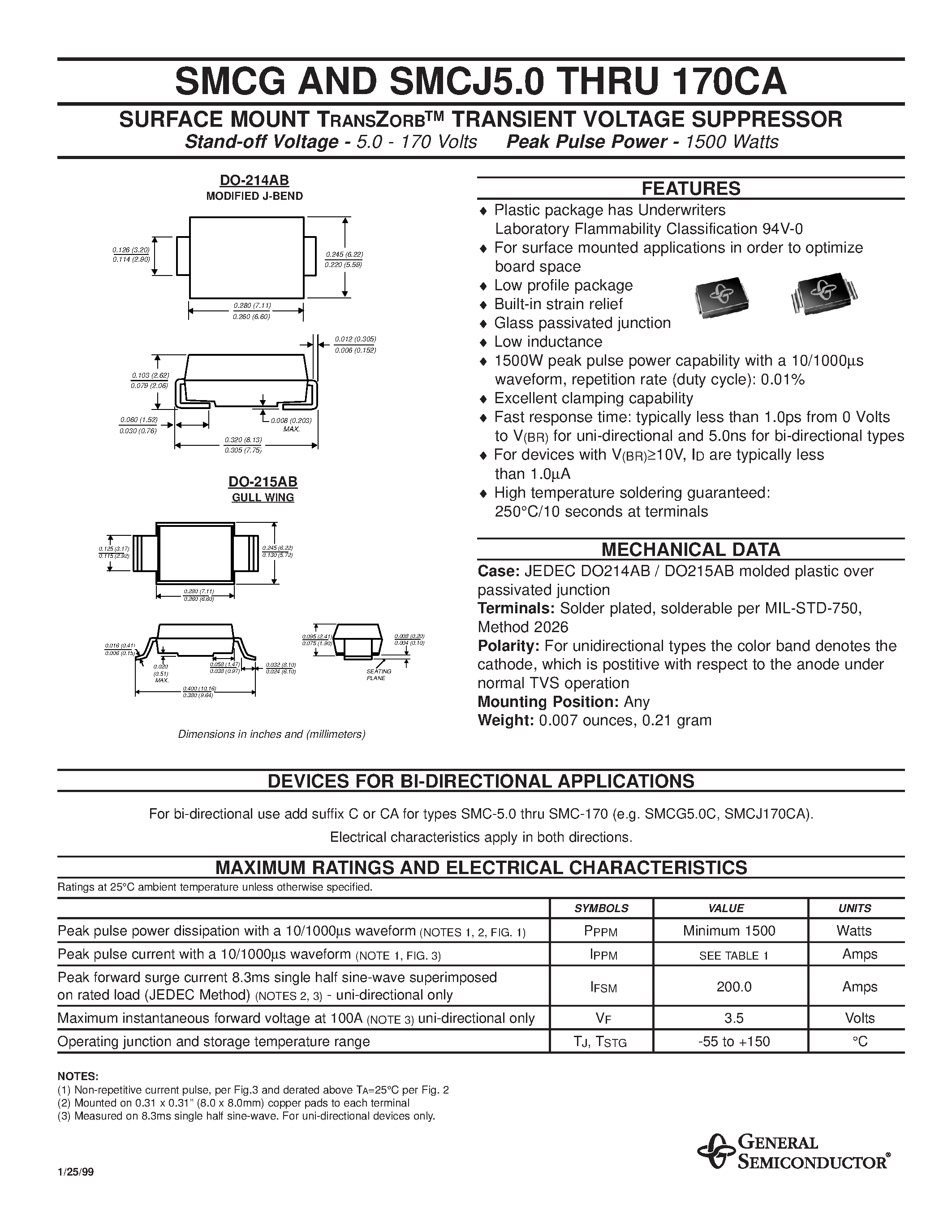 Datasheet SMCJ8.0 page 1 Datasheet SMCJ8.0 - SURFACE MOUNT TRANSZORB TRANSIENT VOLTAGE SUPPRESSOR page 1