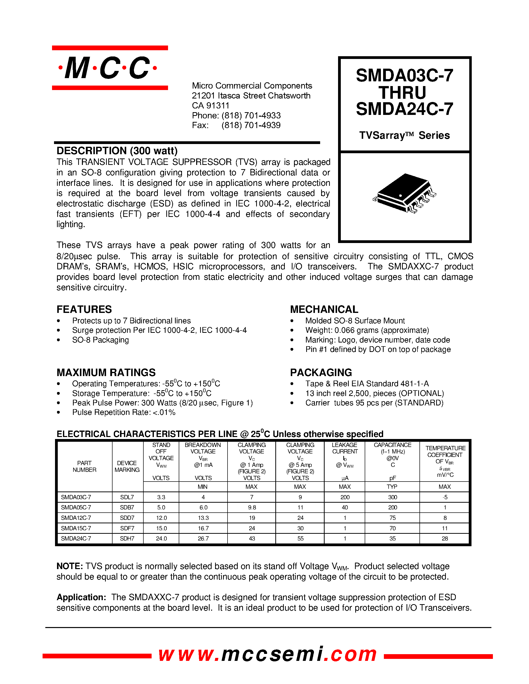 Datasheet SMDA03C-7 - TRANSIENT VOLTAGE SUPPRESSOR page 1