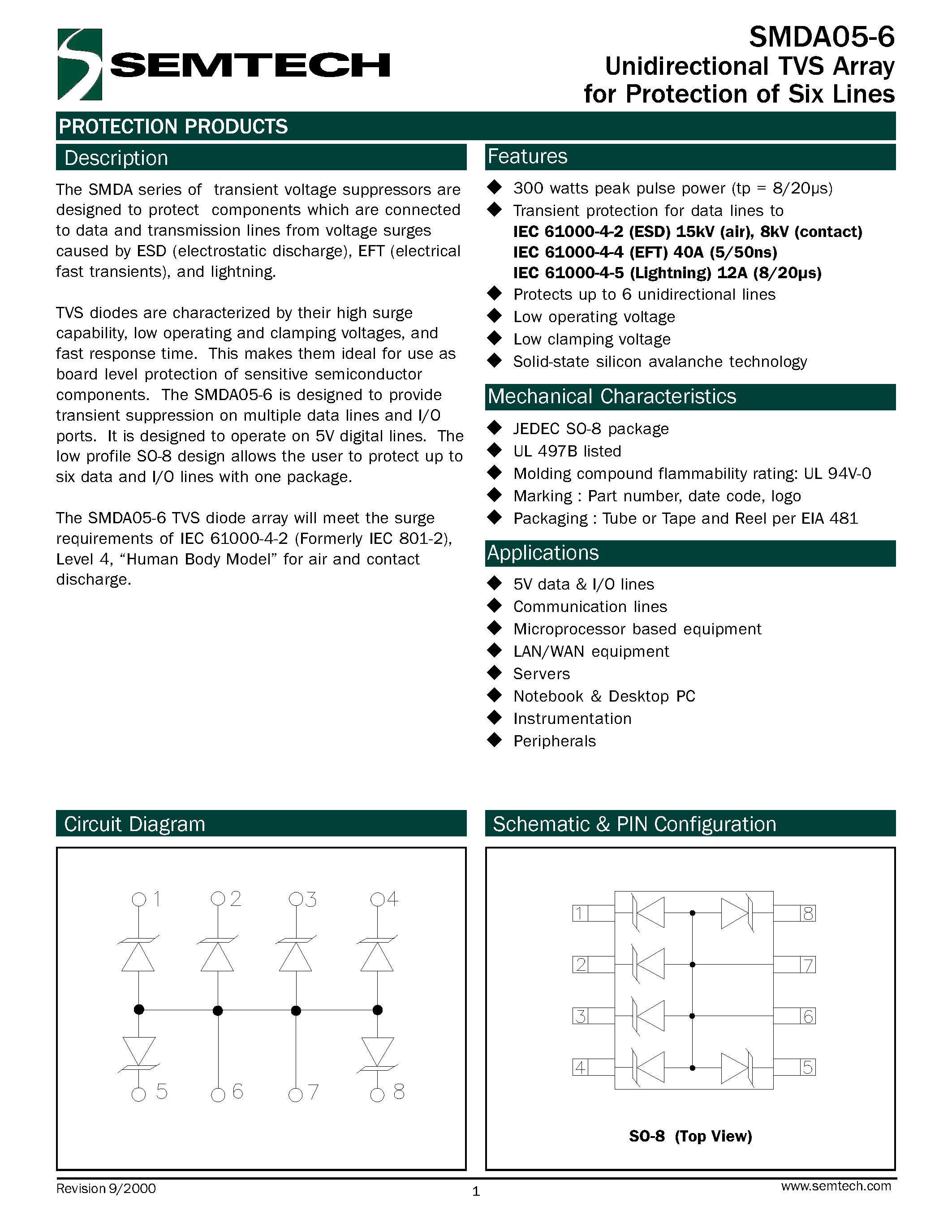 Datasheet SMDA05-6 page 1 Datasheet SMDA05-6 - Unidirectional TVS Array for Protection of Six Lines page 1
