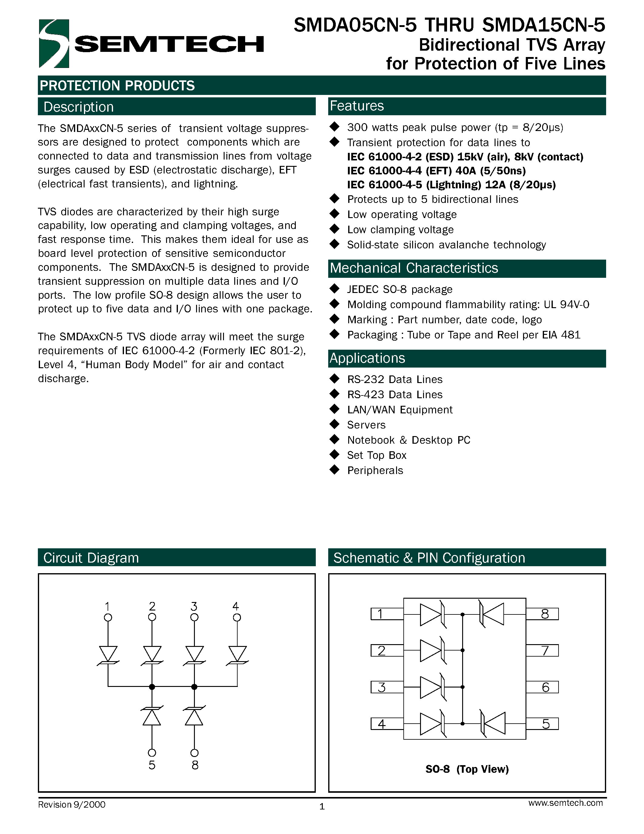 Datasheet SMDA05CN-5 - Bidirectional TVS Array for Protection of Five Lines page 1