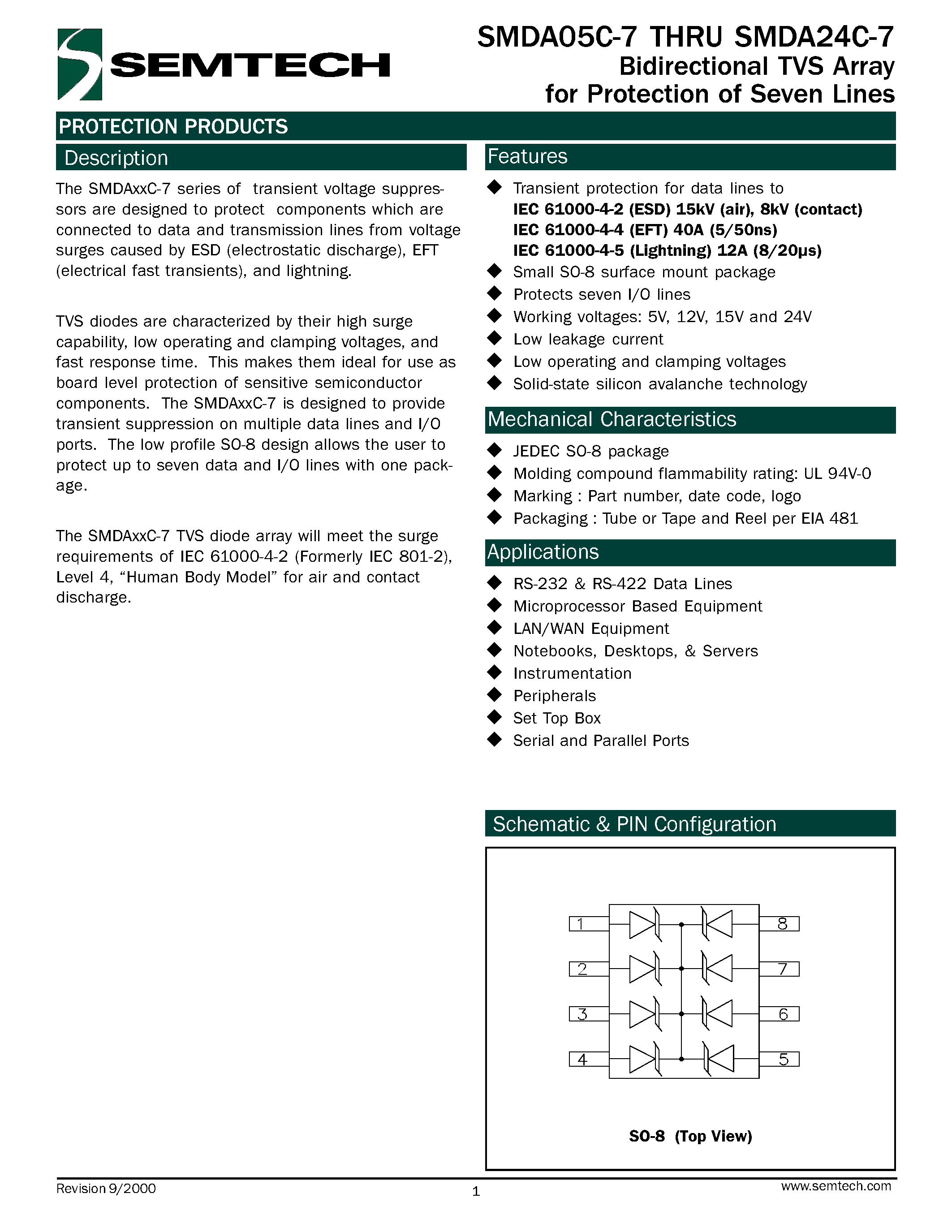 Datasheet SMDA12C-7 - Bidirectional TVS Array for Protection of Seven Lines page 1