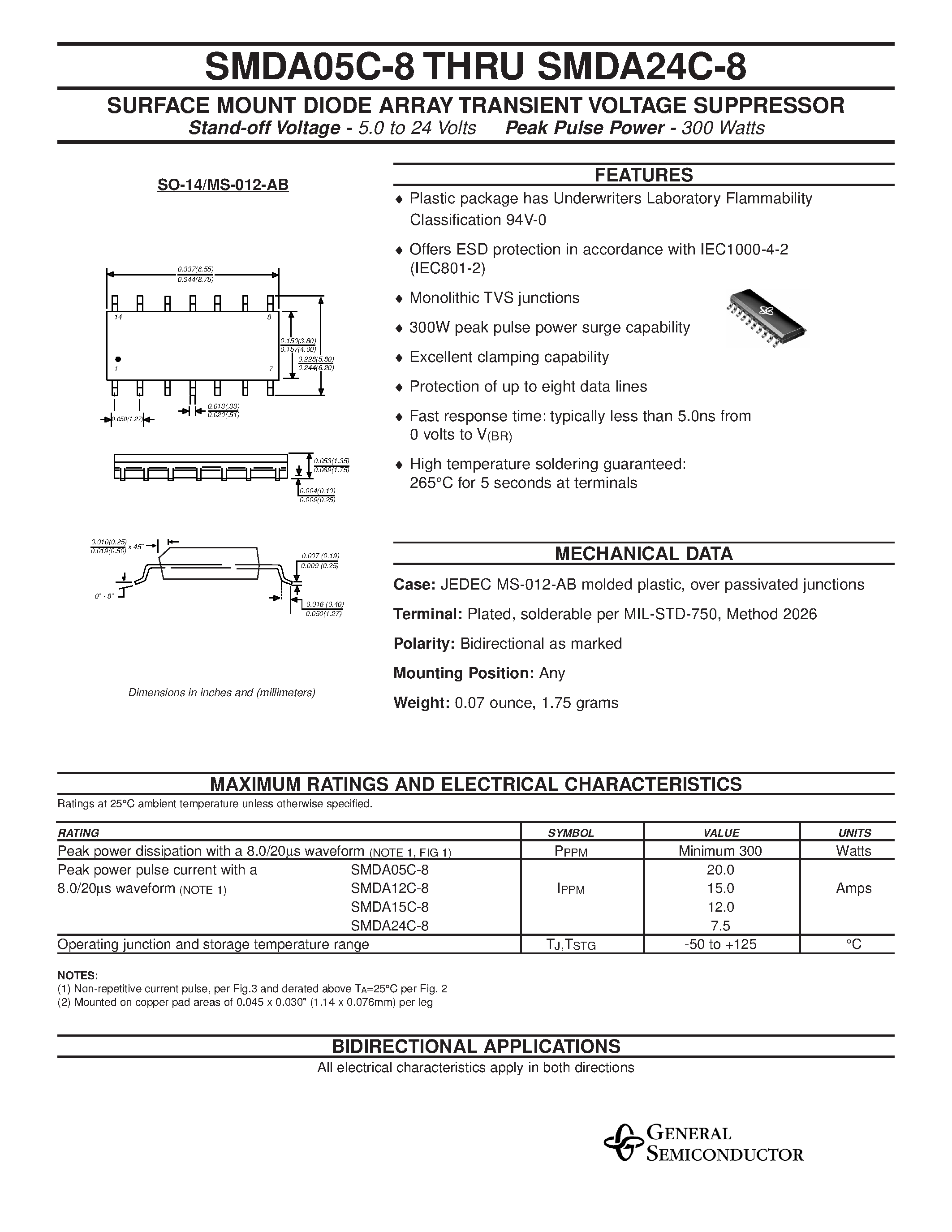 Datasheet SMDA12C-8 page 1 Datasheet SMDA12C-8 - SURFACE MOUNT DIODE ARRAY TRANSIENT VOLTAGE SUPPRESSOR page 1