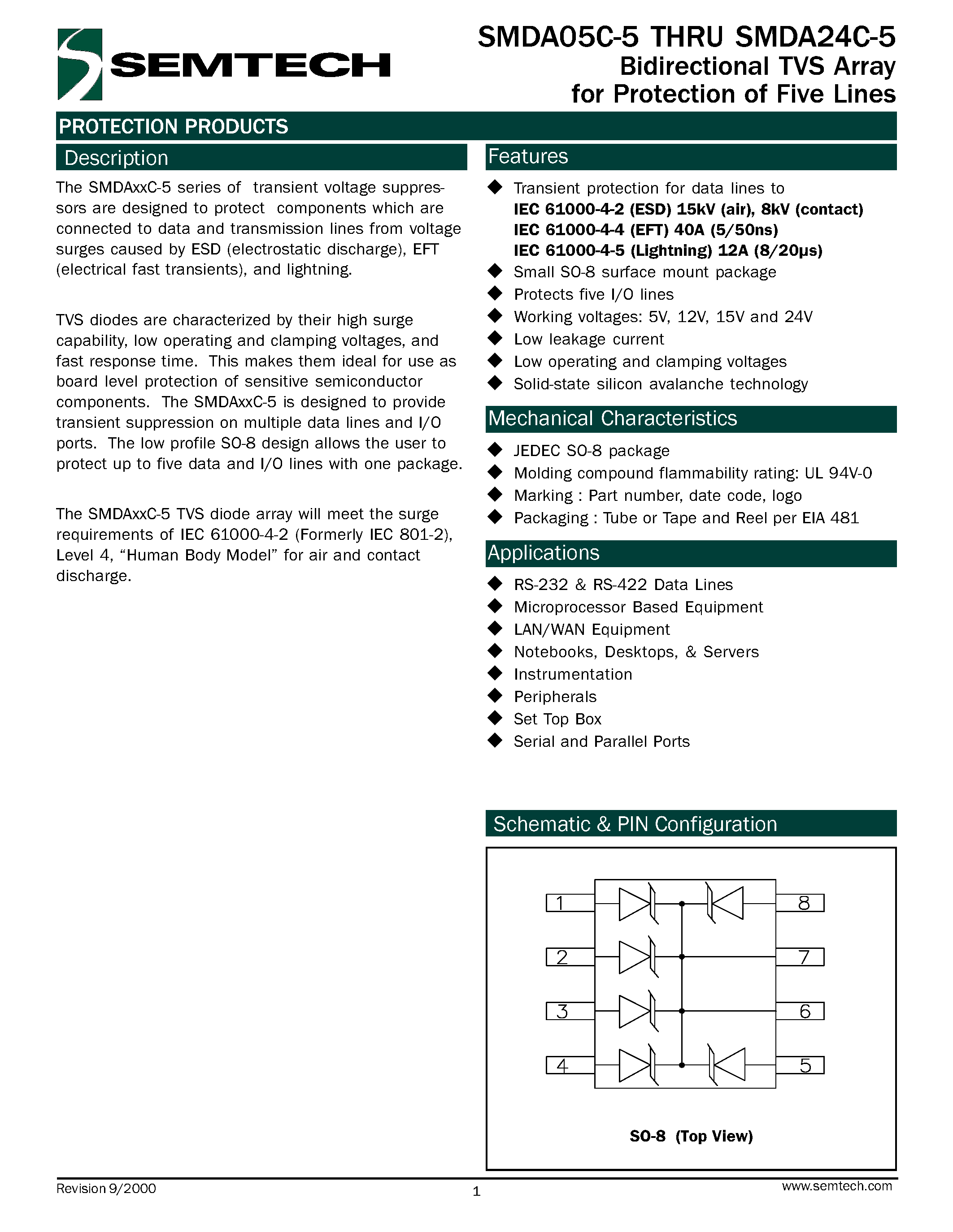 Datasheet SMDA24C-5 - Bidirectional TVS Array for Protection of Five Lines page 1