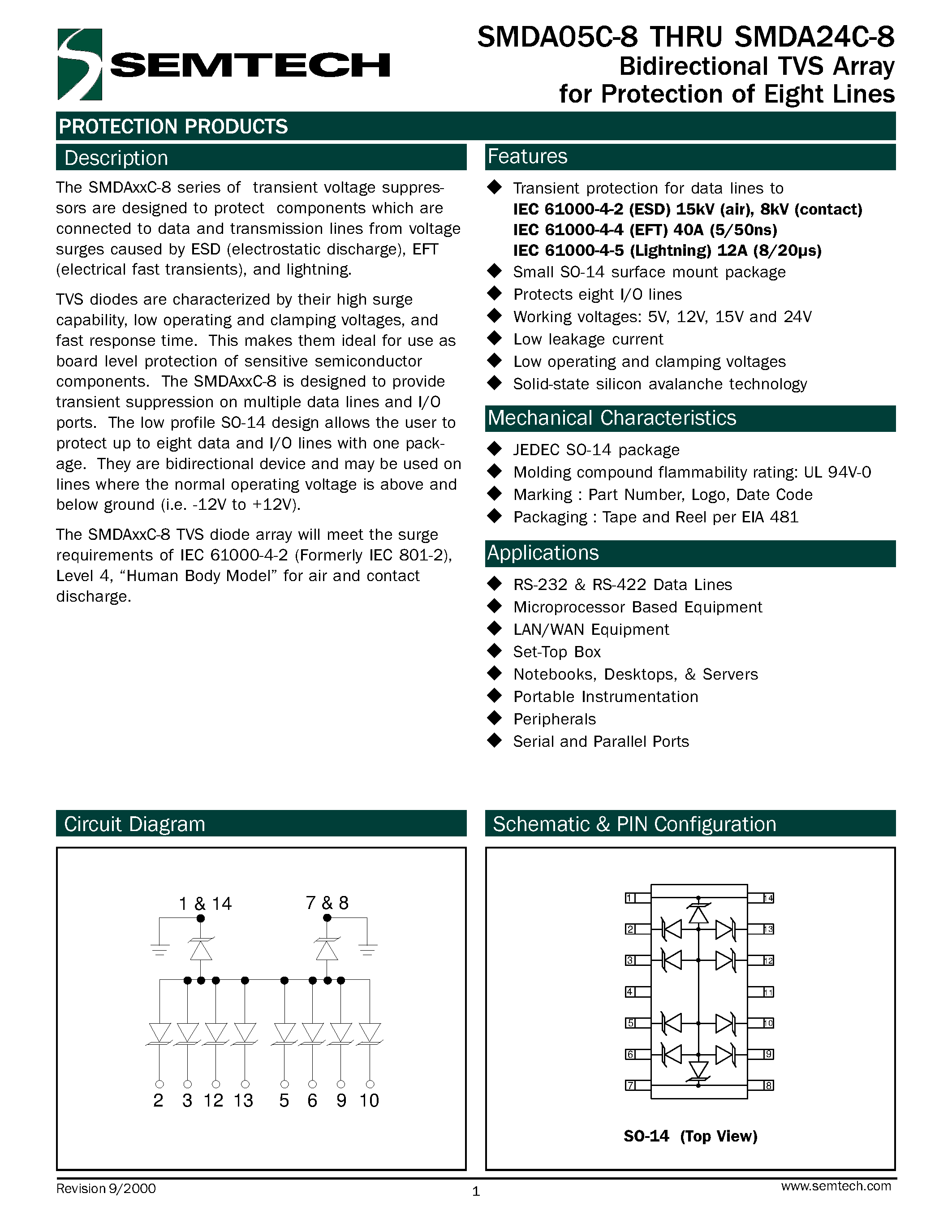 Datasheet SMDA24C-8 page 1 Datasheet SMDA24C-8 - Bidirectional TVS Array for Protection of Eight Lines page 1