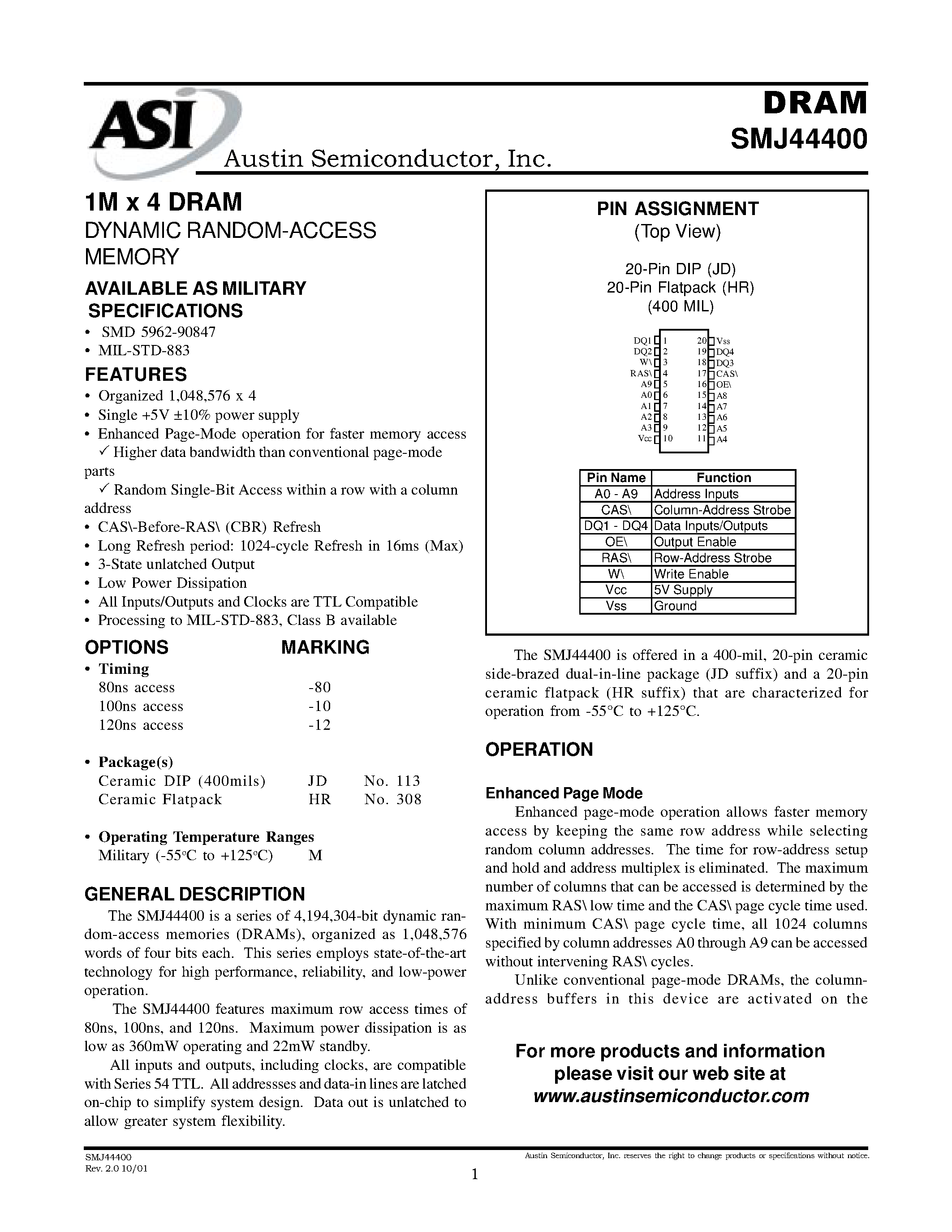 Datasheet SMJ44400 - 1M x 4 DRAM DYNAMIC RANDOM-ACCESS MEMORY page 1