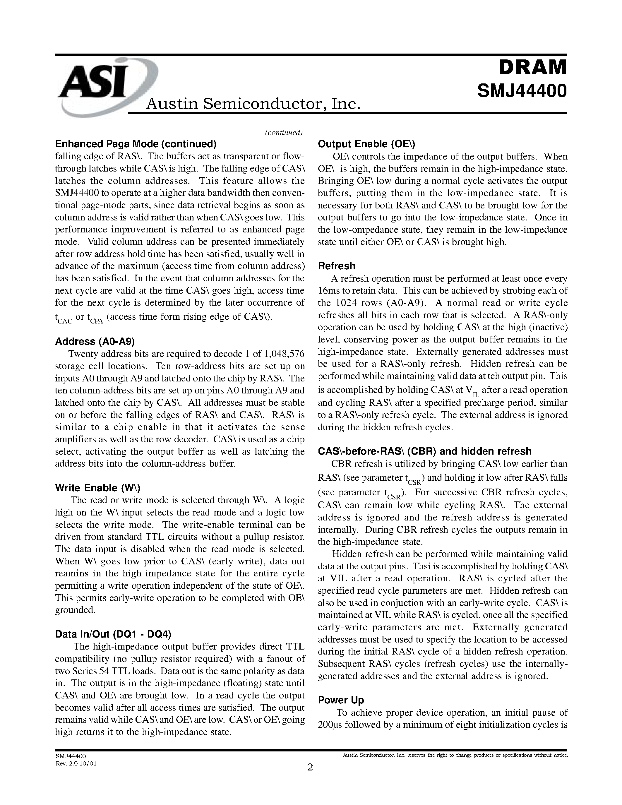 Datasheet SMJ44400 - 1M x 4 DRAM DYNAMIC RANDOM-ACCESS MEMORY page 2