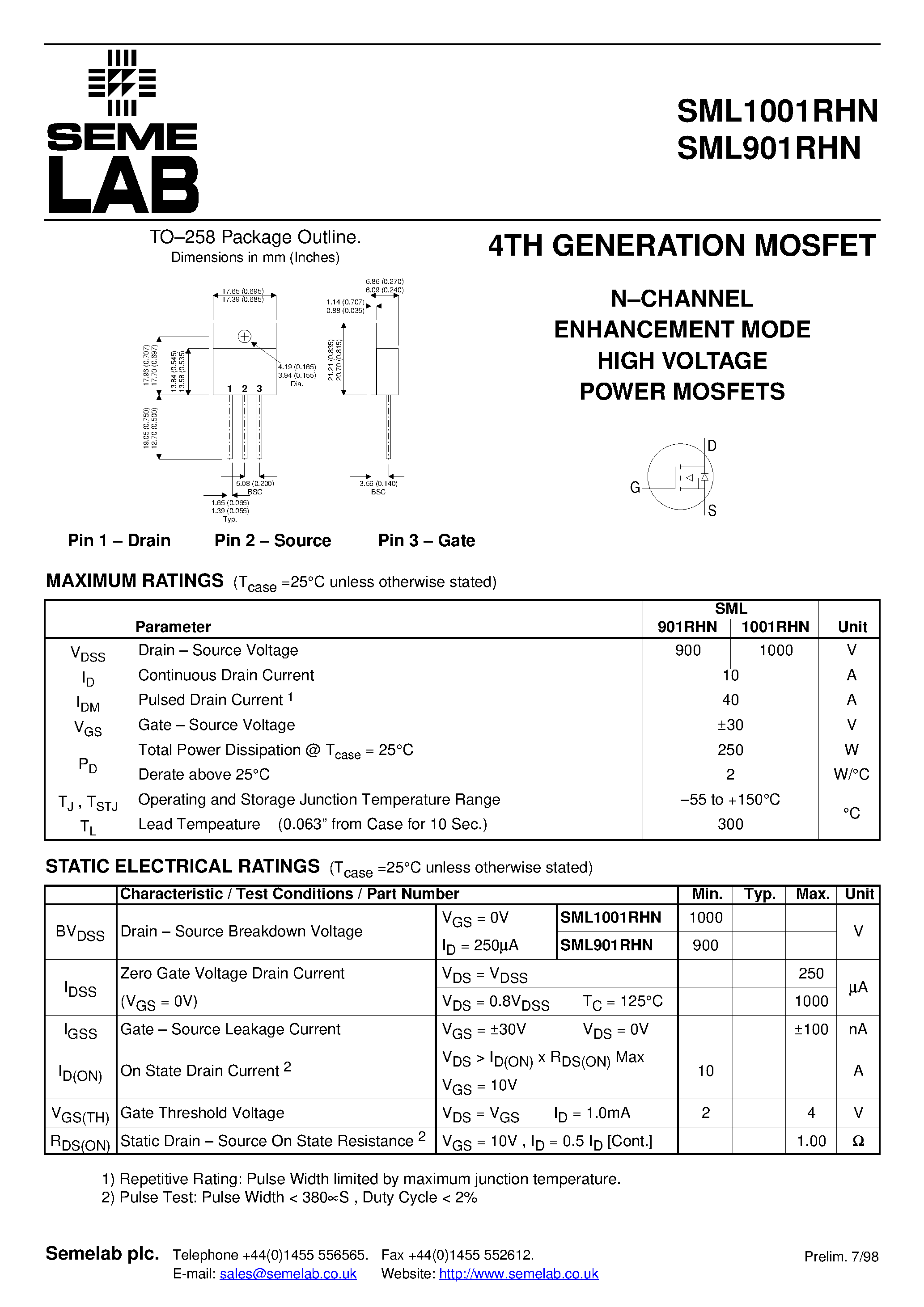 Datasheet SML1001RHN page 1 Datasheet SML1001RHN - N-CHANNEL ENHANCEMENT MODE HIGH VOLTAGE POWER MOSFETS page 1
