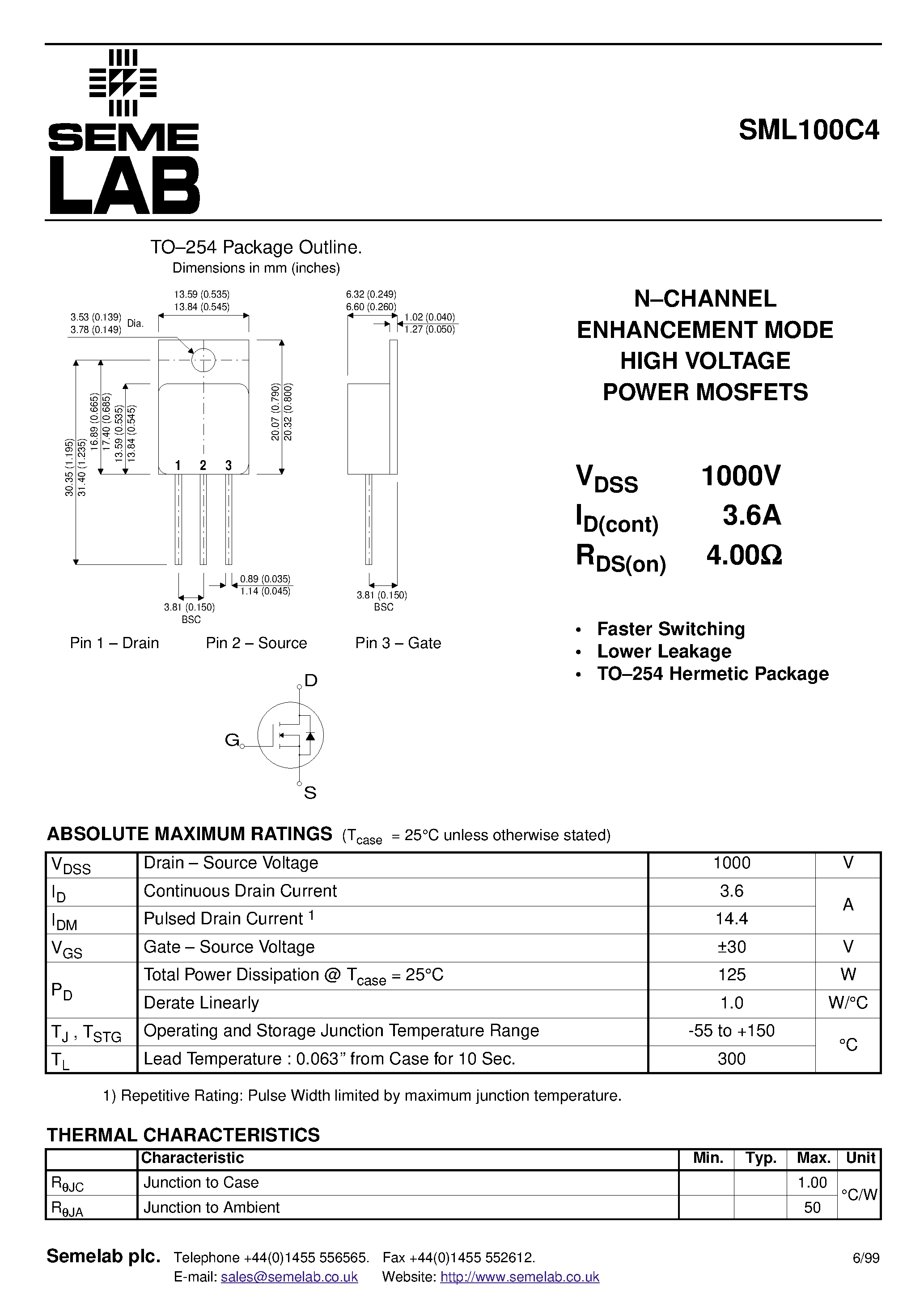 Datasheet SML100C4 page 1 Datasheet SML100C4 - N-CHANNEL ENHANCEMENT MODE HIGH VOLTAGE POWER MOSFETS page 1