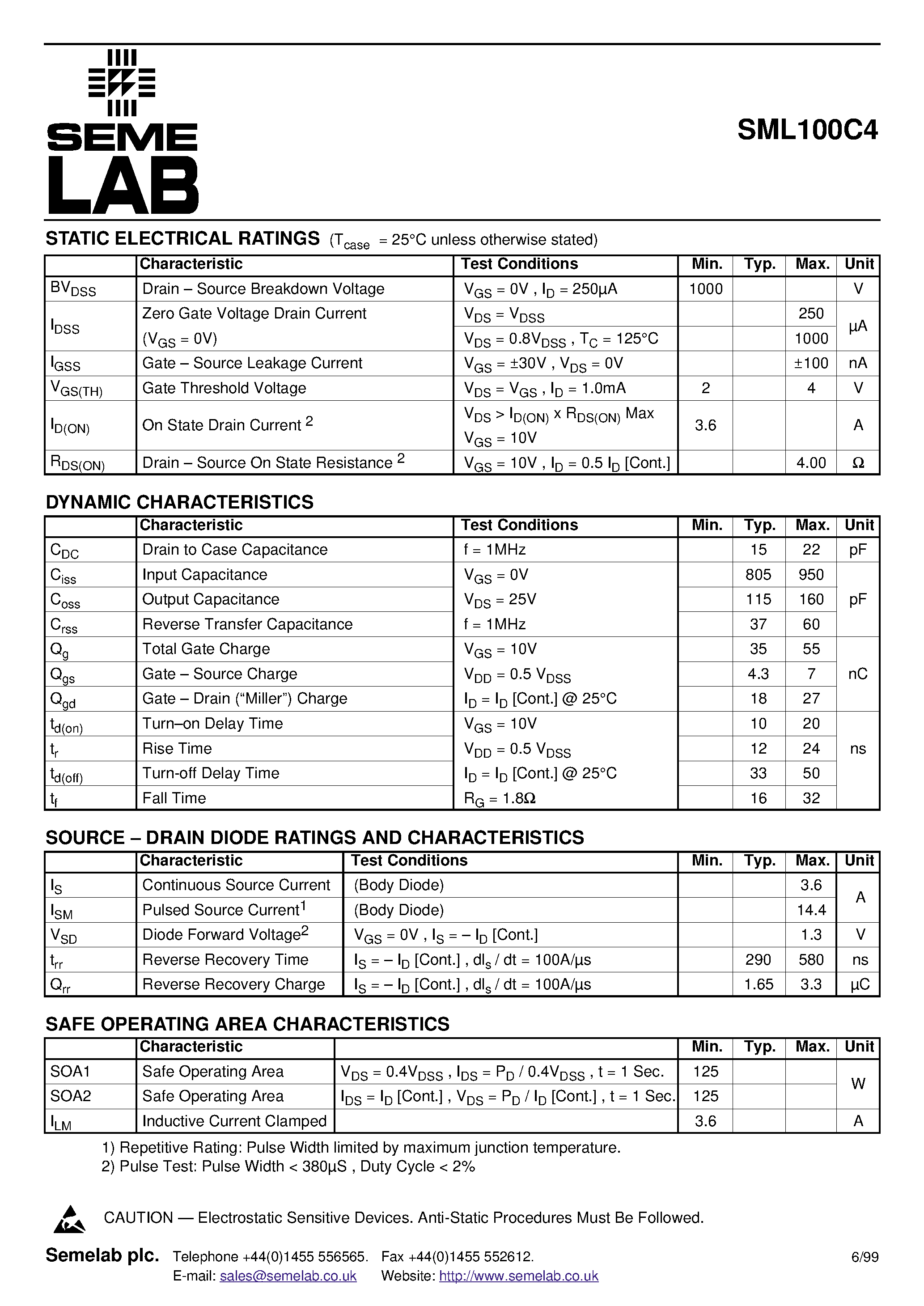 Datasheet SML100C4 page 2 Datasheet SML100C4 - N-CHANNEL ENHANCEMENT MODE HIGH VOLTAGE POWER MOSFETS page 2