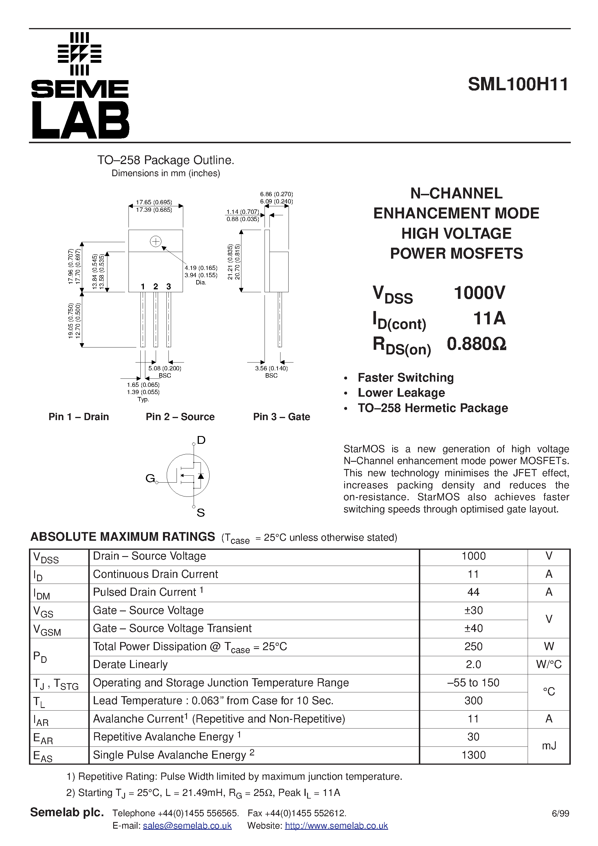 Datasheet SML100H11 page 1 Datasheet SML100H11 - N-CHANNEL ENHANCEMENT MODE HIGH VOLTAGE POWER MOSFETS page 1