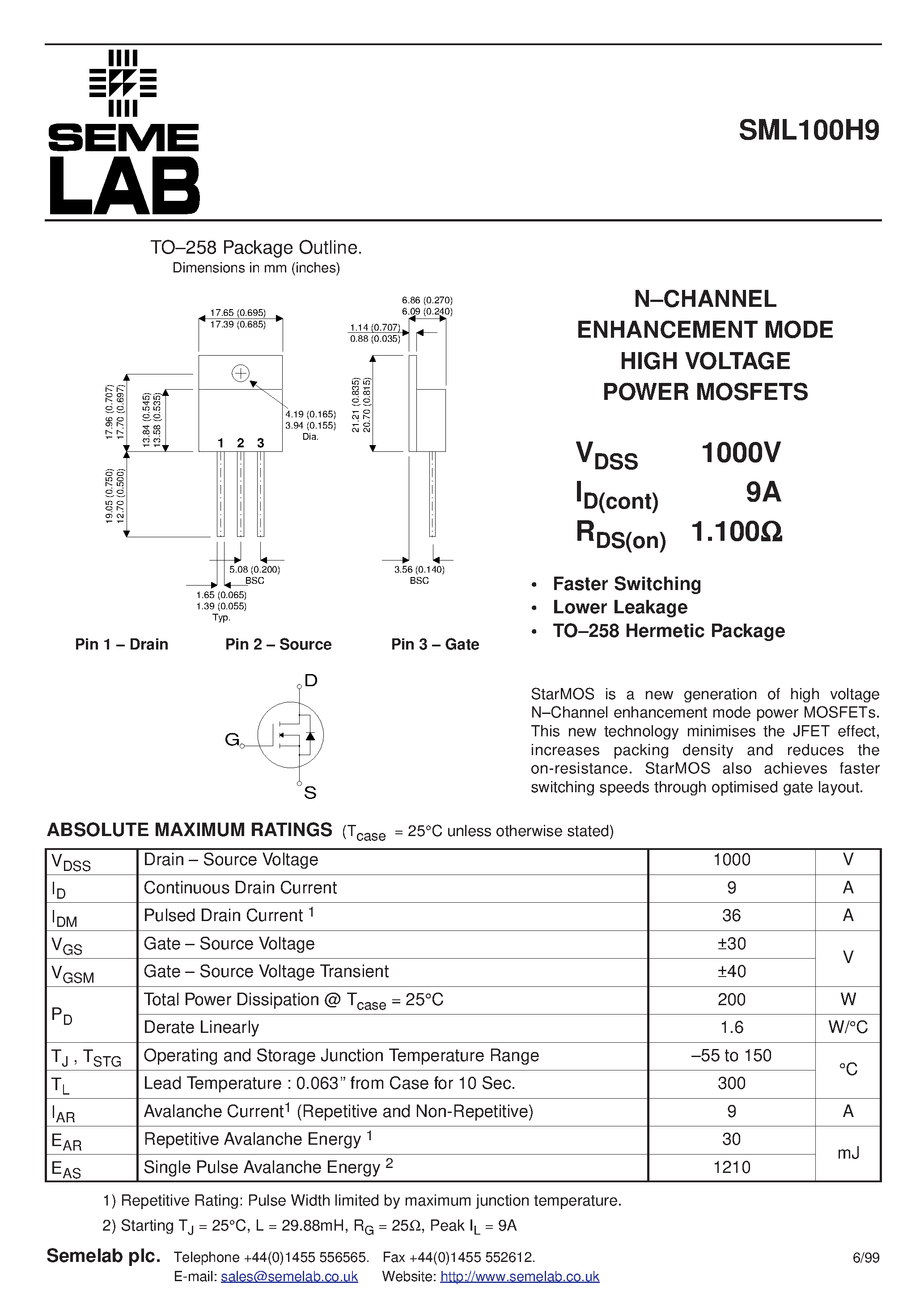 Datasheet SML100H9 page 1 Datasheet SML100H9 - N-CHANNEL ENHANCEMENT MODE HIGH VOLTAGE POWER MOSFETS page 1