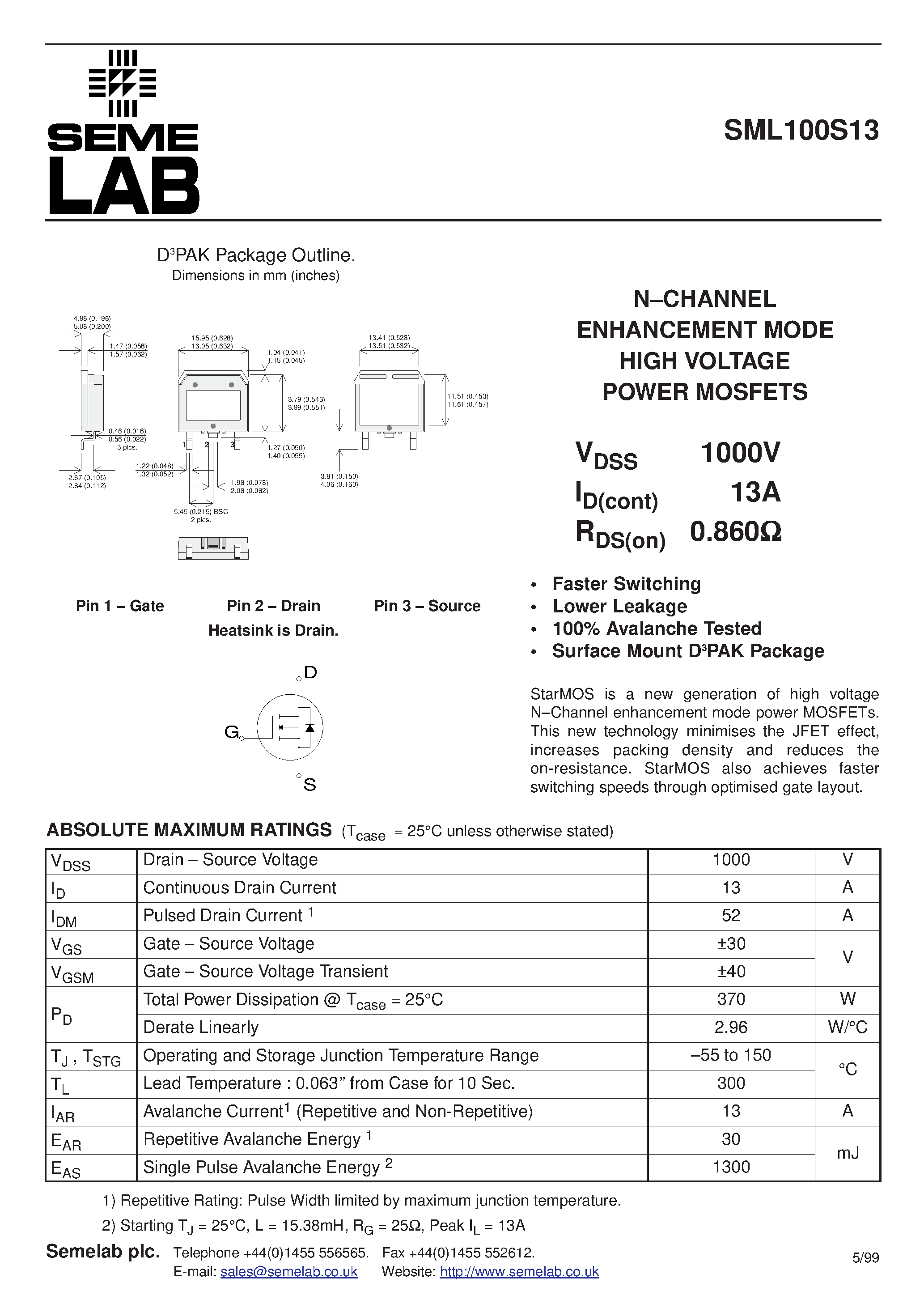 Datasheet SML100S13 page 1 Datasheet SML100S13 - N-CHANNEL ENHANCEMENT MODE HIGH VOLTAGE POWER MOSFETS page 1