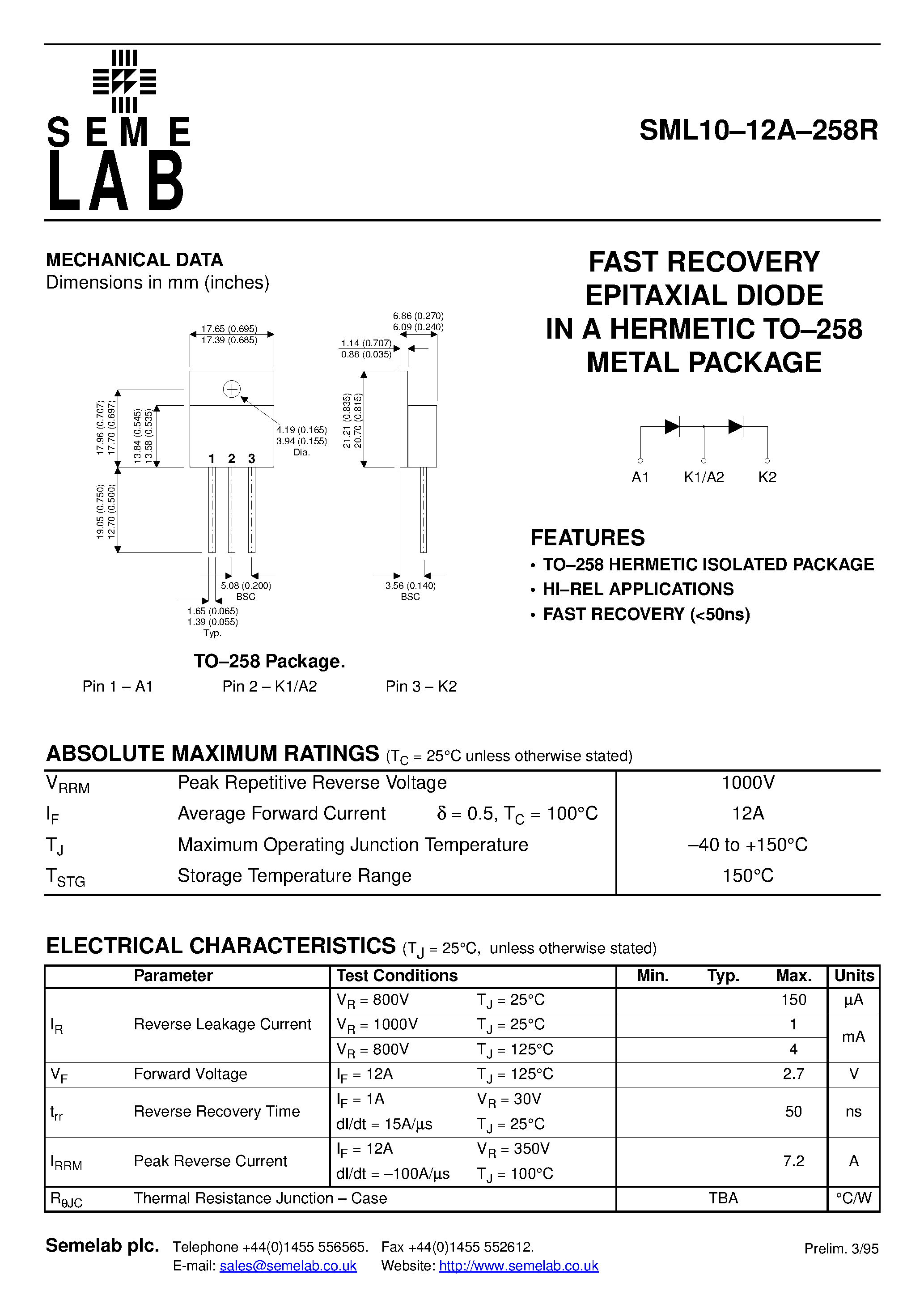 Datasheet SML1012A258R - FAST RECOVERY EPITAXIAL DIODE IN A HERMETIC TO-258 METAL PACKAGE page 1