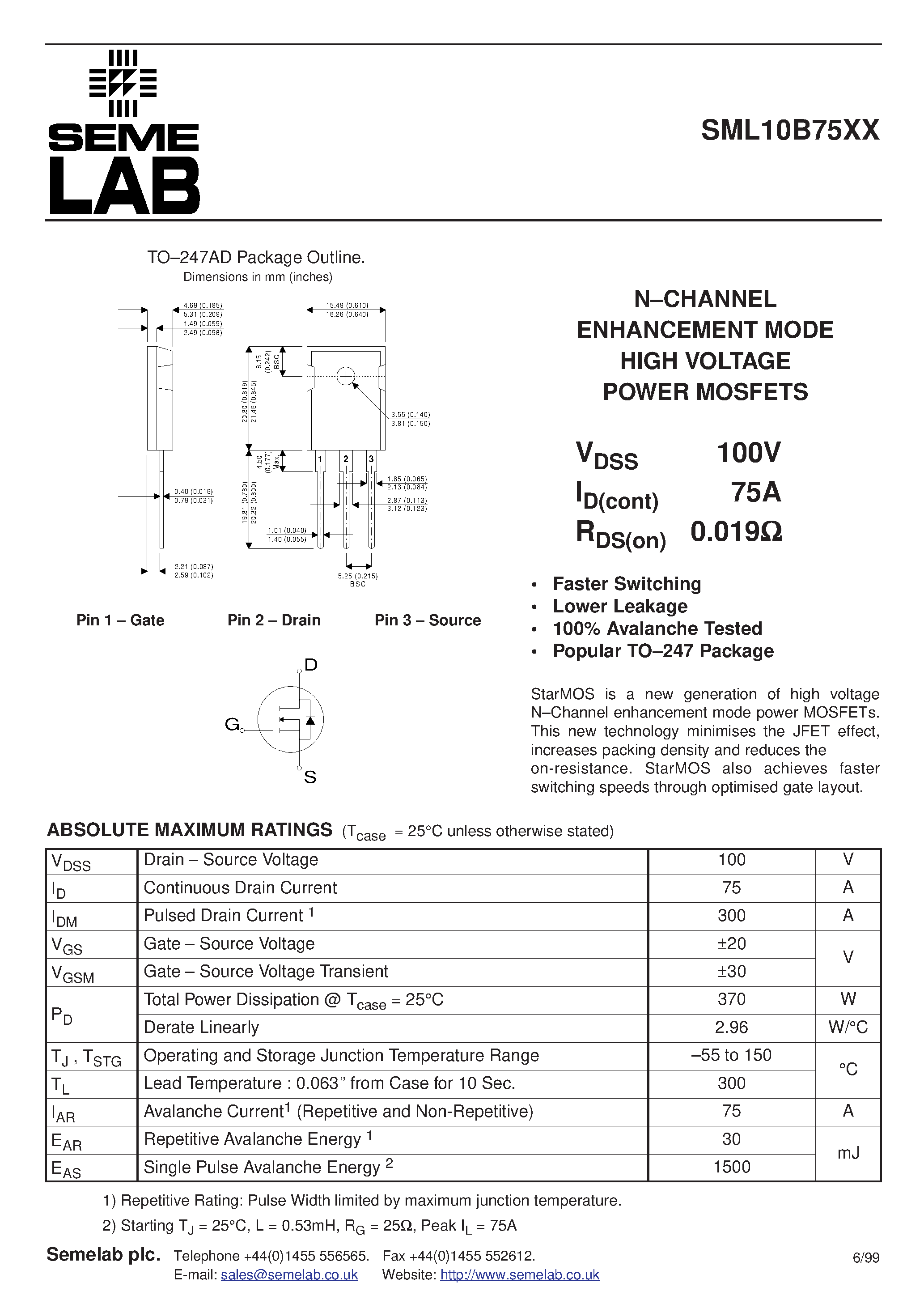 Datasheet SML10B75XX page 1 Datasheet SML10B75XX - N-CHANNEL ENHANCEMENT MODE HIGH VOLTAGE POWER MOSFETS page 1