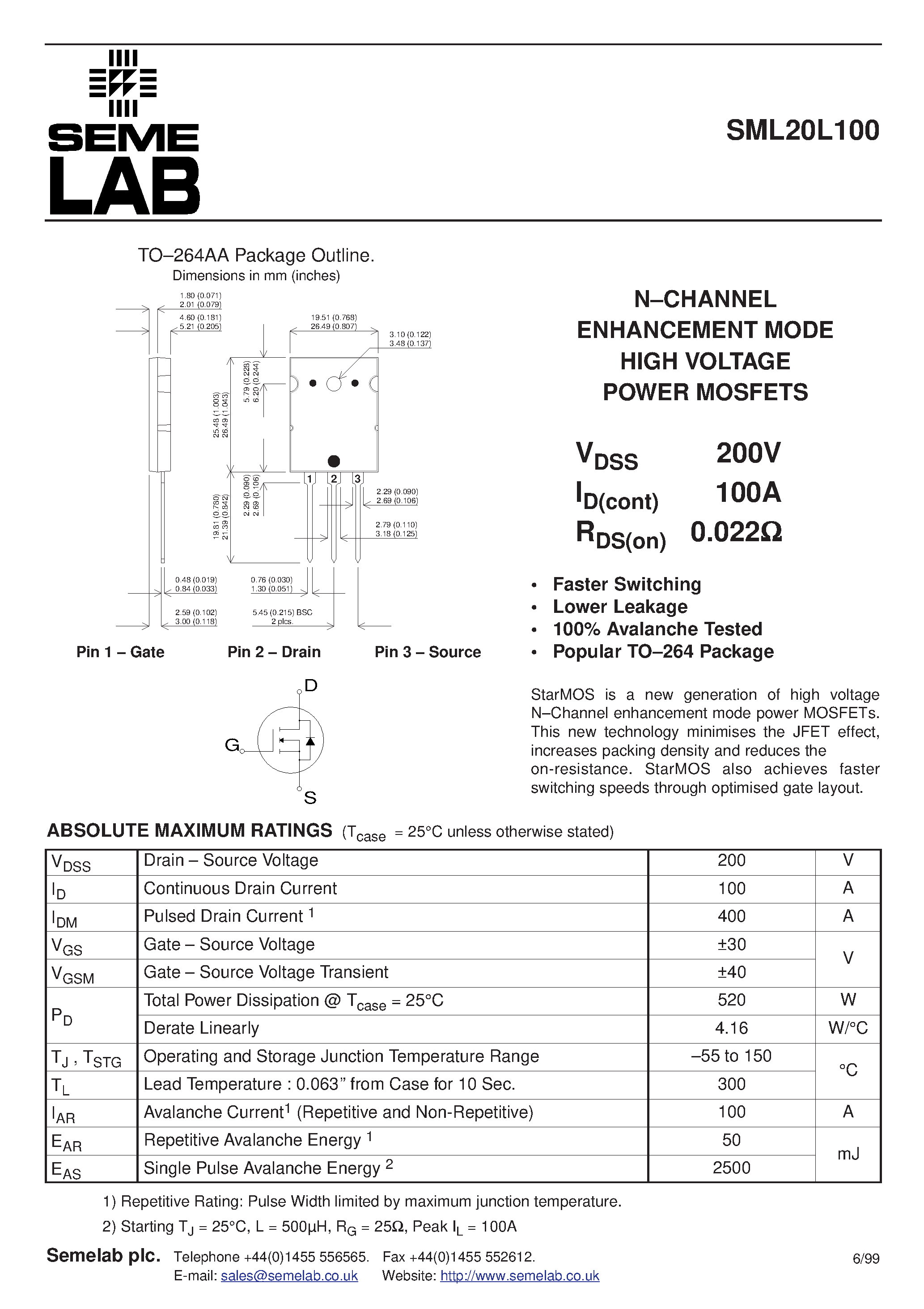 Datasheet SML20L100 page 1 Datasheet SML20L100 - N-CHANNEL ENHANCEMENT MODE HIGH VOLTAGE POWER MOSFETS page 1