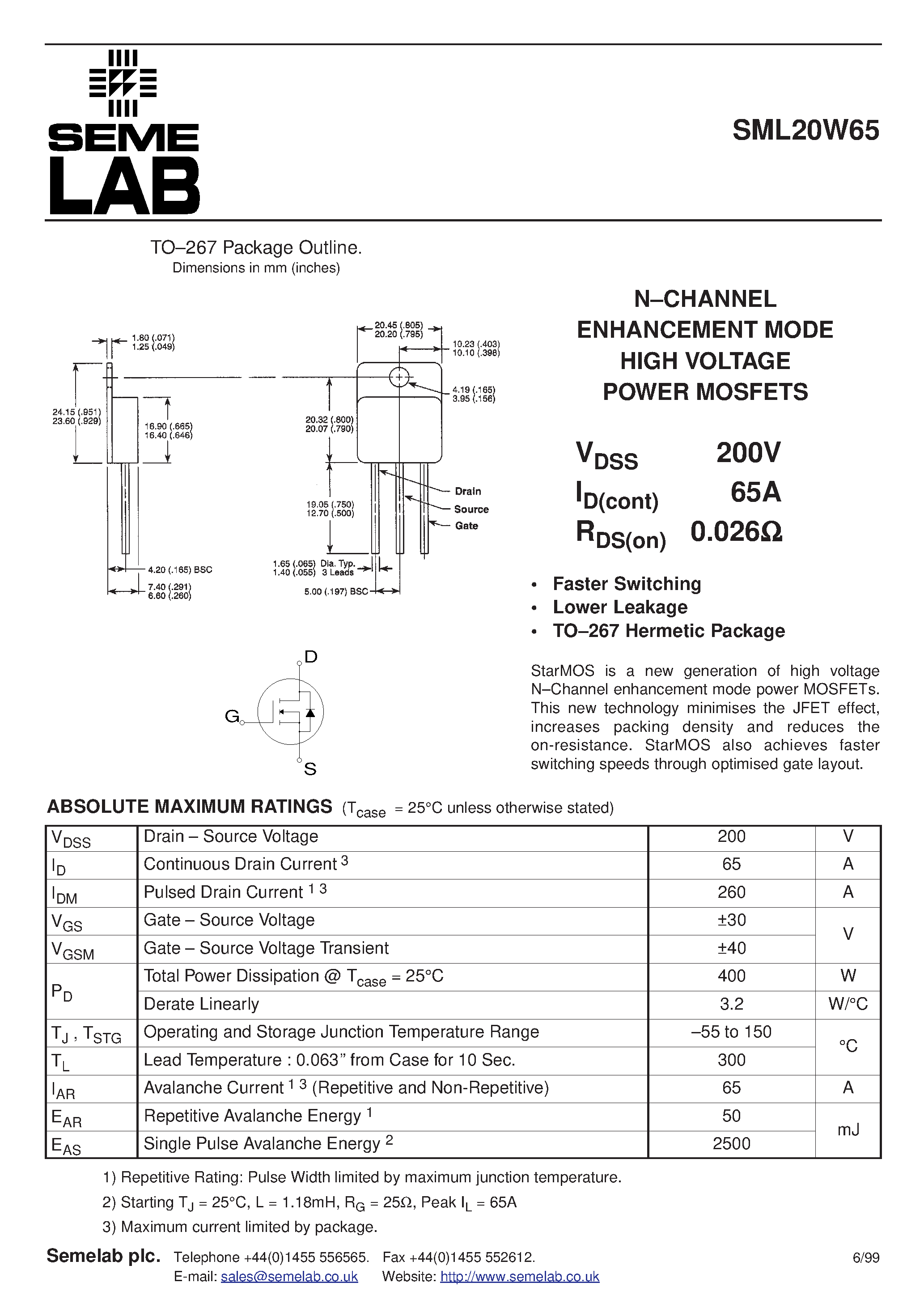 Datasheet SML20W65 page 1 Datasheet SML20W65 - N-CHANNEL ENHANCEMENT MODE HIGH VOLTAGE POWER MOSFETS page 1