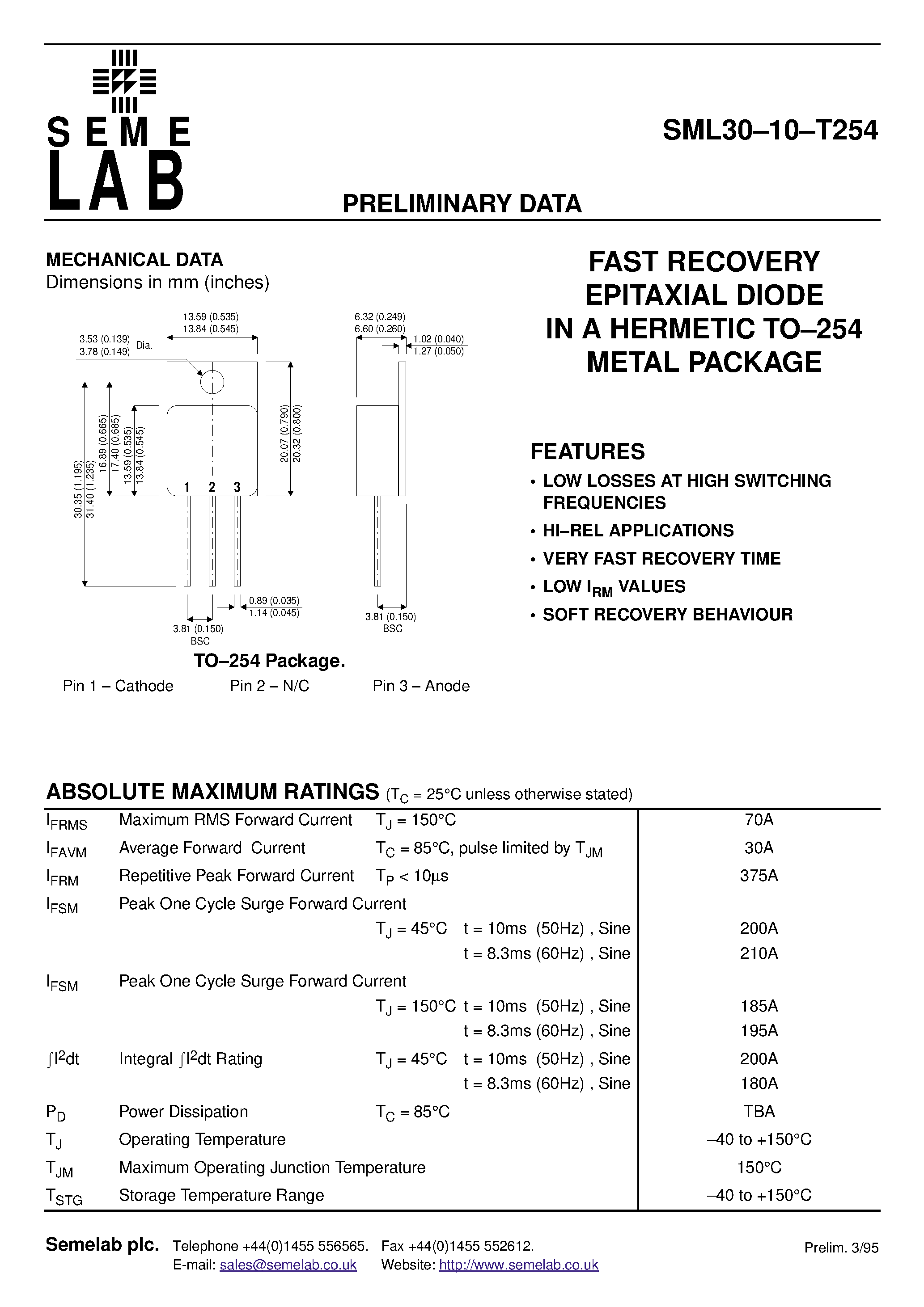 Datasheet SML3010T254 - FAST RECOVERY EPITAXIAL DIODE IN A HERMETIC TO-254 METAL PACKAGE page 1