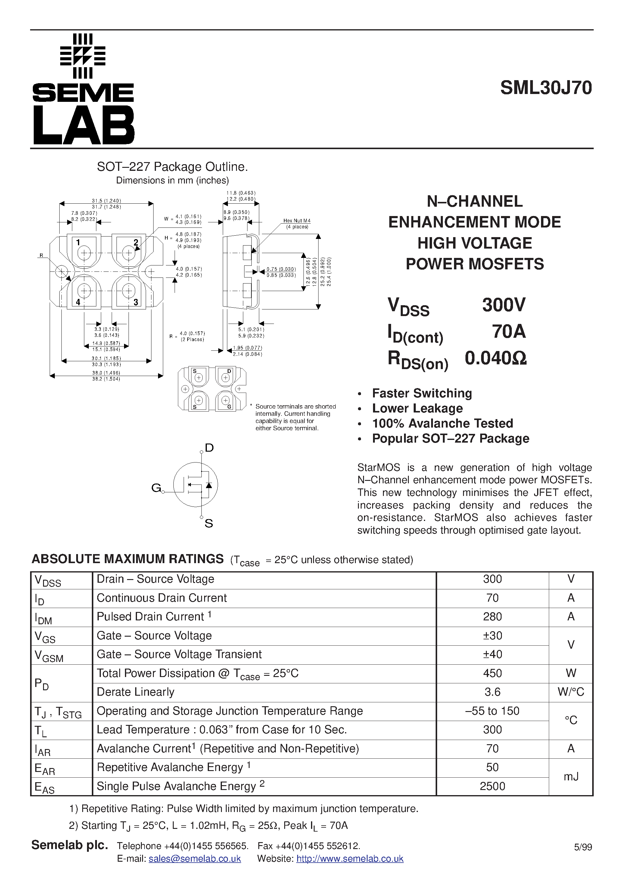 Datasheet SML30J70 page 1 Datasheet SML30J70 - N-CHANNEL ENHANCEMENT MODE HIGH VOLTAGE POWER MOSFETS page 1