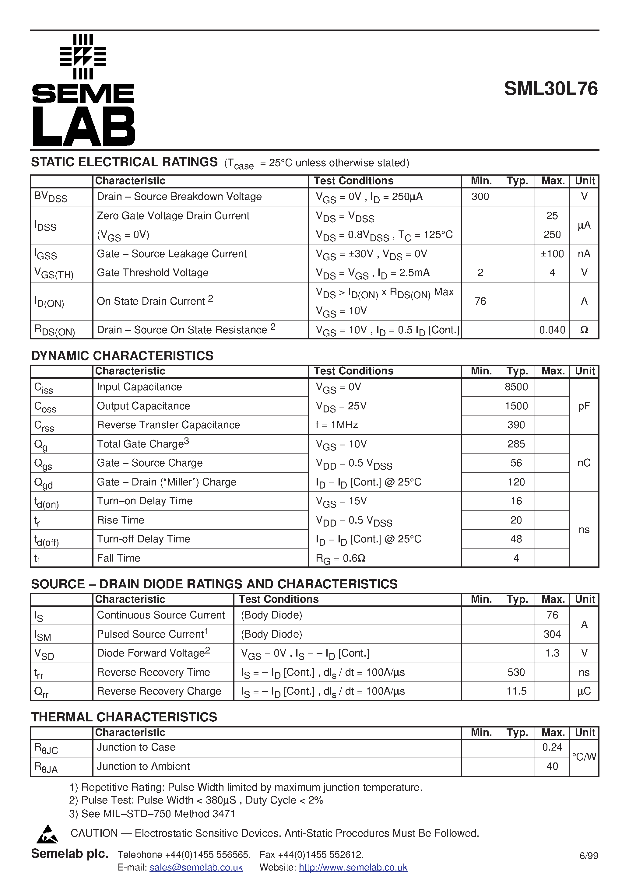 Datasheet SML30L76 - N-CHANNEL ENHANCEMENT MODE HIGH VOLTAGE POWER MOSFETS page 2