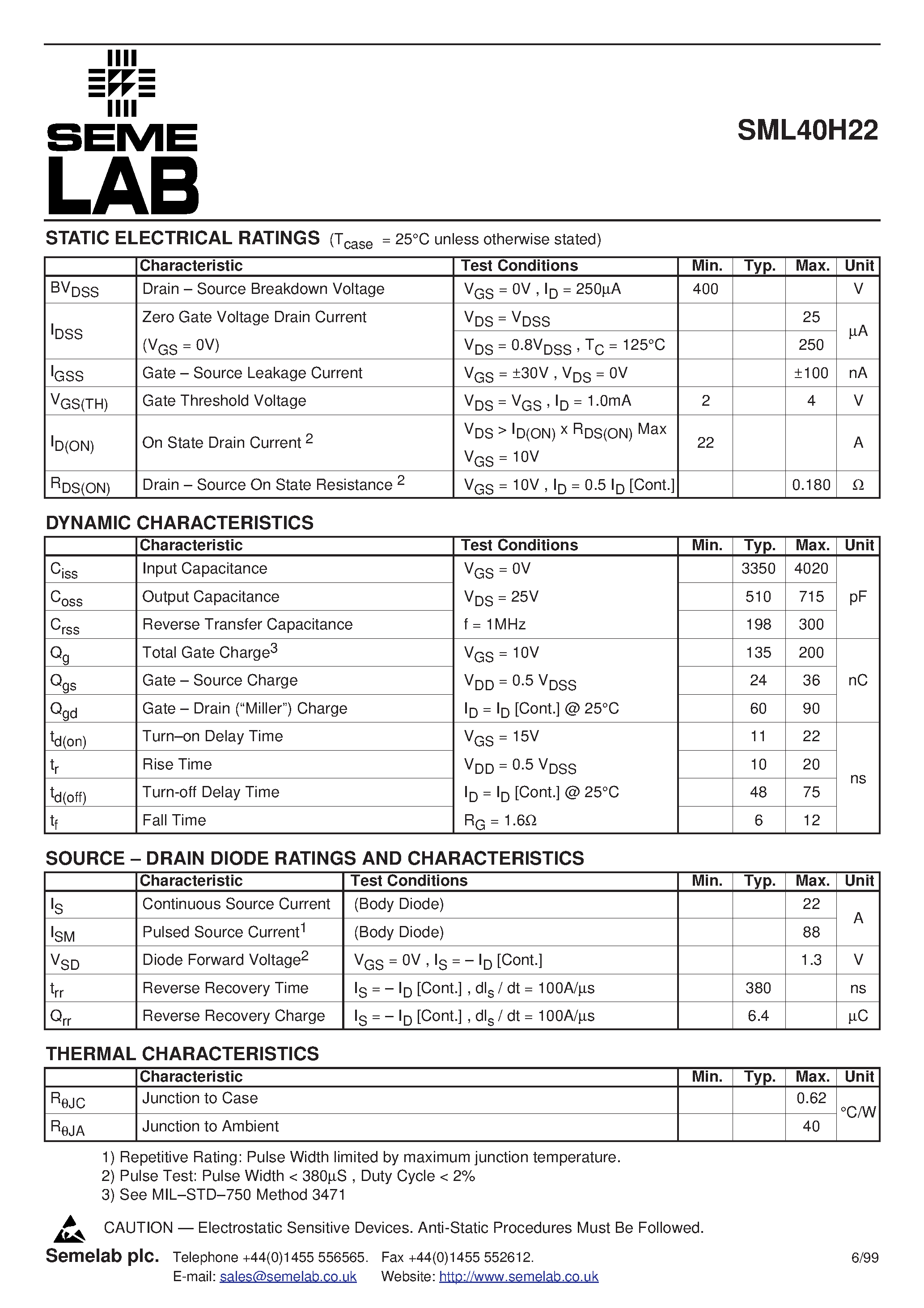 Datasheet SML40H22 page 2 Datasheet SML40H22 - N-CHANNEL ENHANCEMENT MODE HIGH VOLTAGE POWER MOSFETS page 2