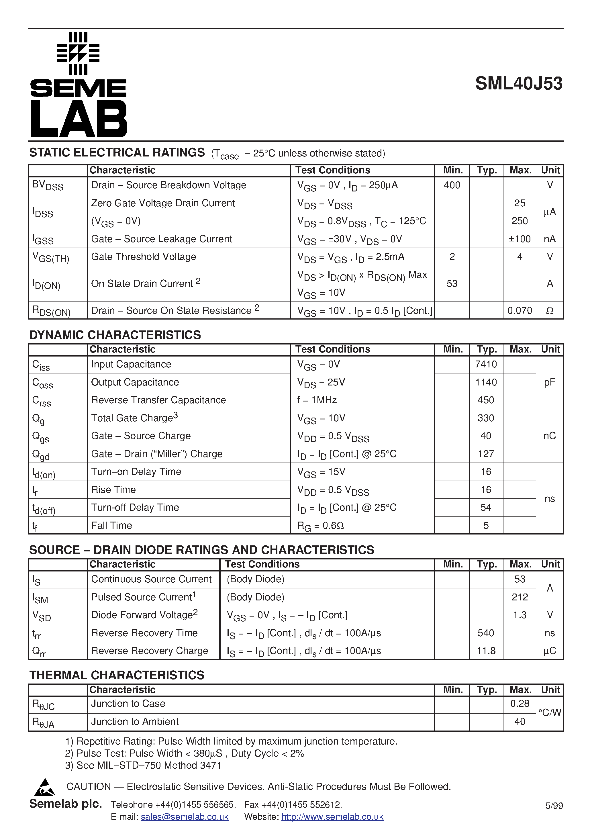 Datasheet SML40J53 - N-CHANNEL ENHANCEMENT MODE HIGH VOLTAGE POWER MOSFETS page 2
