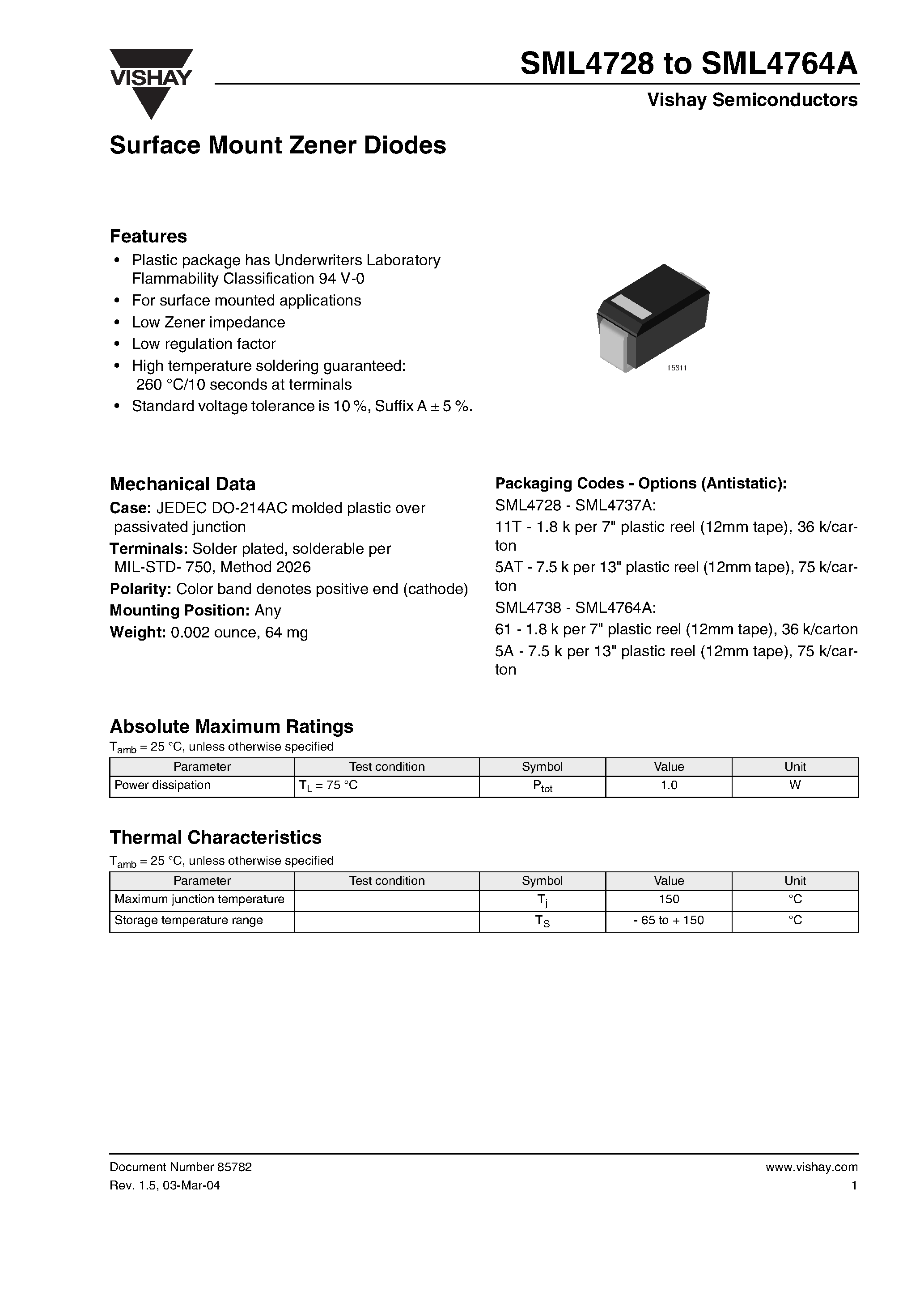 Даташит SML4728 - Surface Mount Zener Diodes страница 1