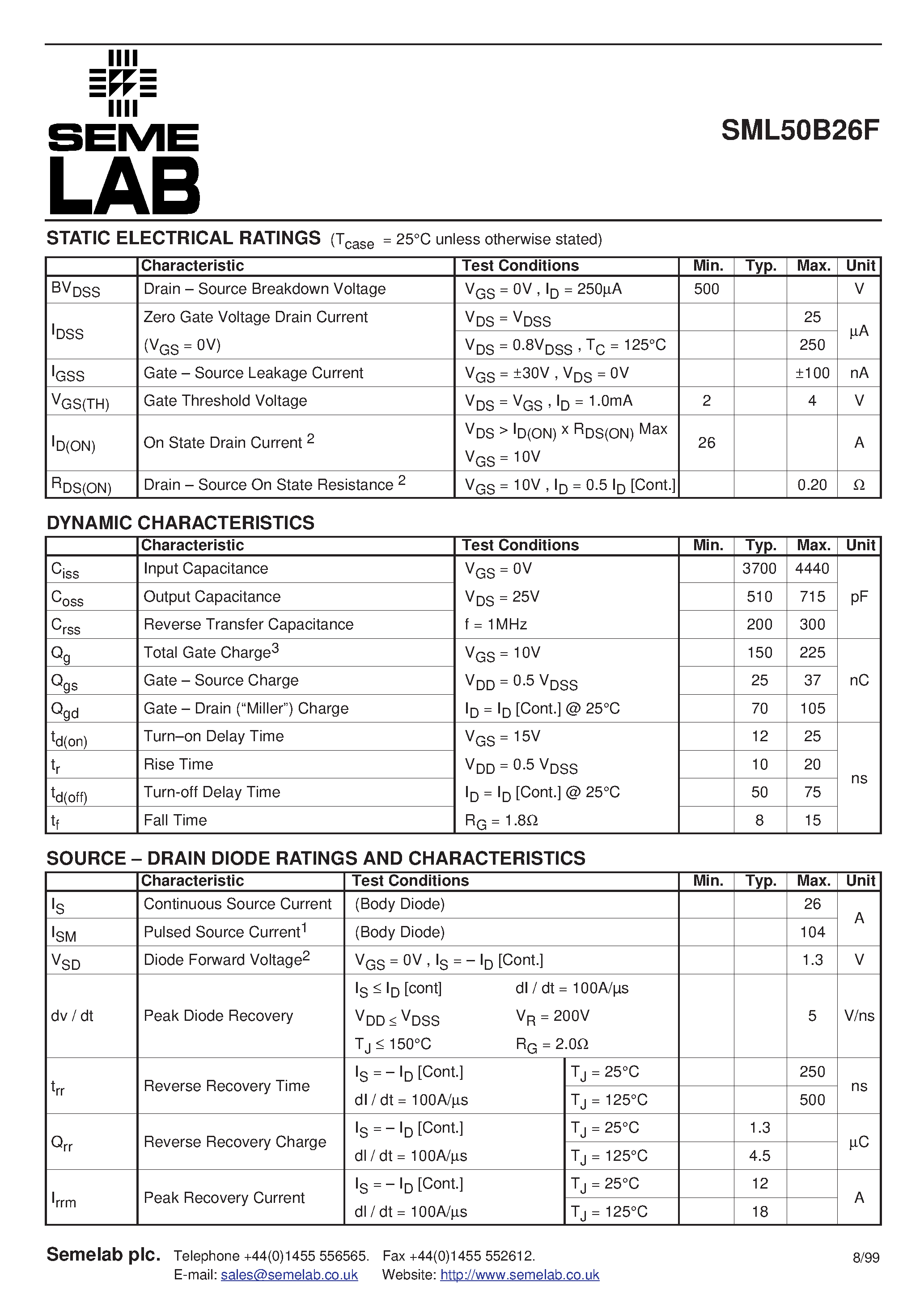 Datasheet SML50B26F page 2 Datasheet SML50B26F - N-CHANNEL ENHANCEMENT MODE HIGH VOLTAGE POWER FREDFET page 2