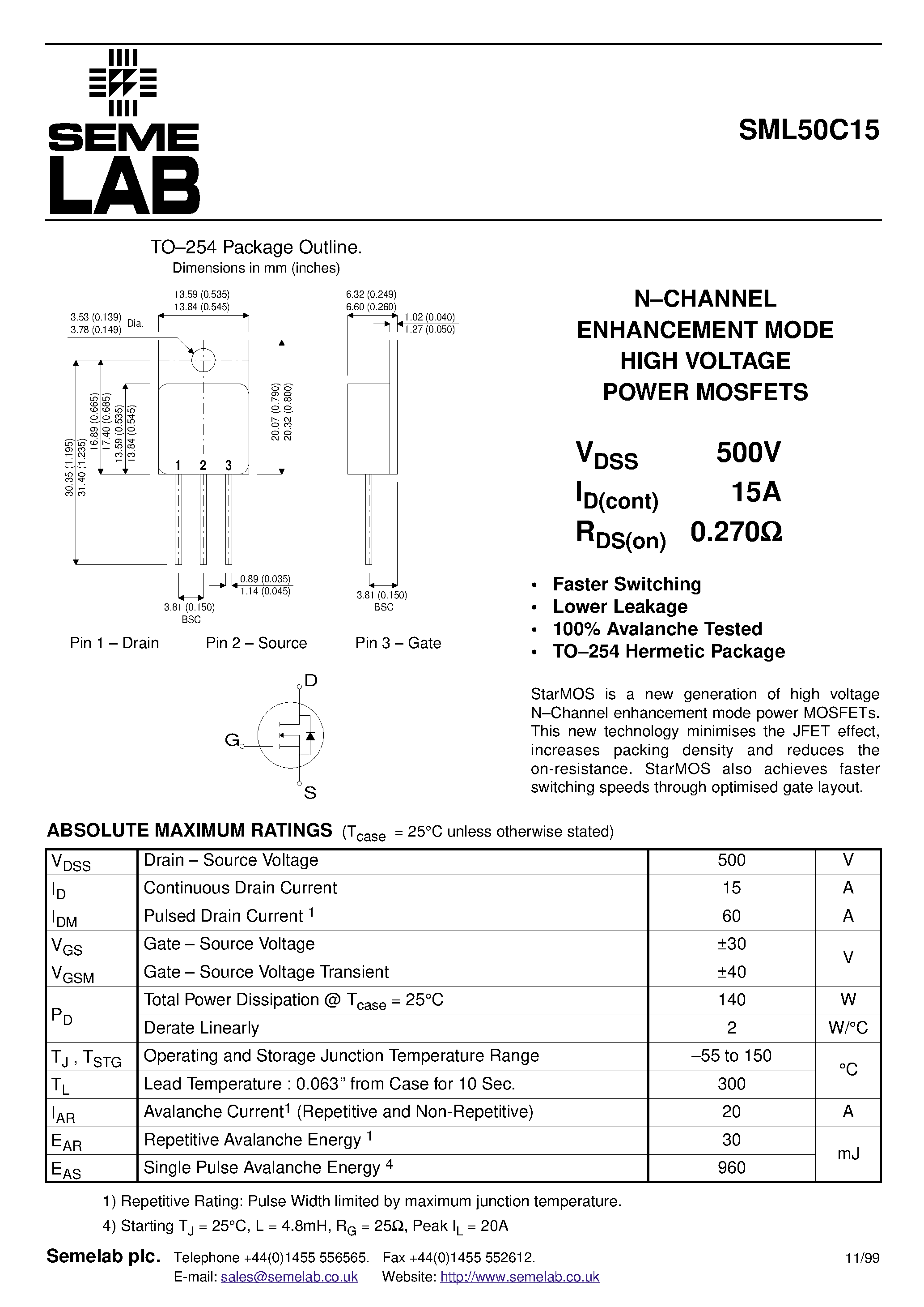 Datasheet SML50C15 page 1 Datasheet SML50C15 - N-CHANNEL ENHANCEMENT MODE HIGH VOLTAGE POWER MOSFETS page 1