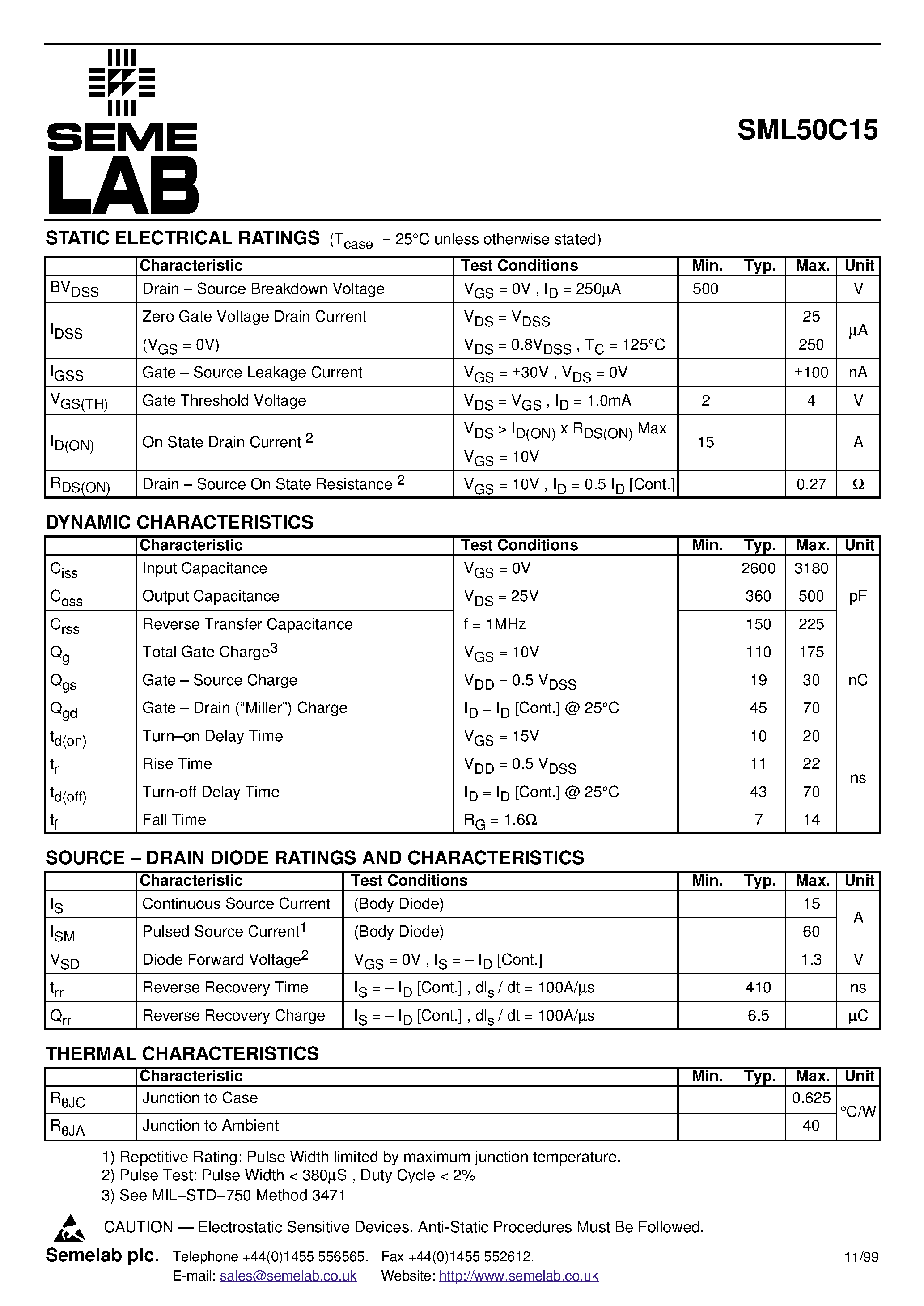 Datasheet SML50C15 page 2 Datasheet SML50C15 - N-CHANNEL ENHANCEMENT MODE HIGH VOLTAGE POWER MOSFETS page 2