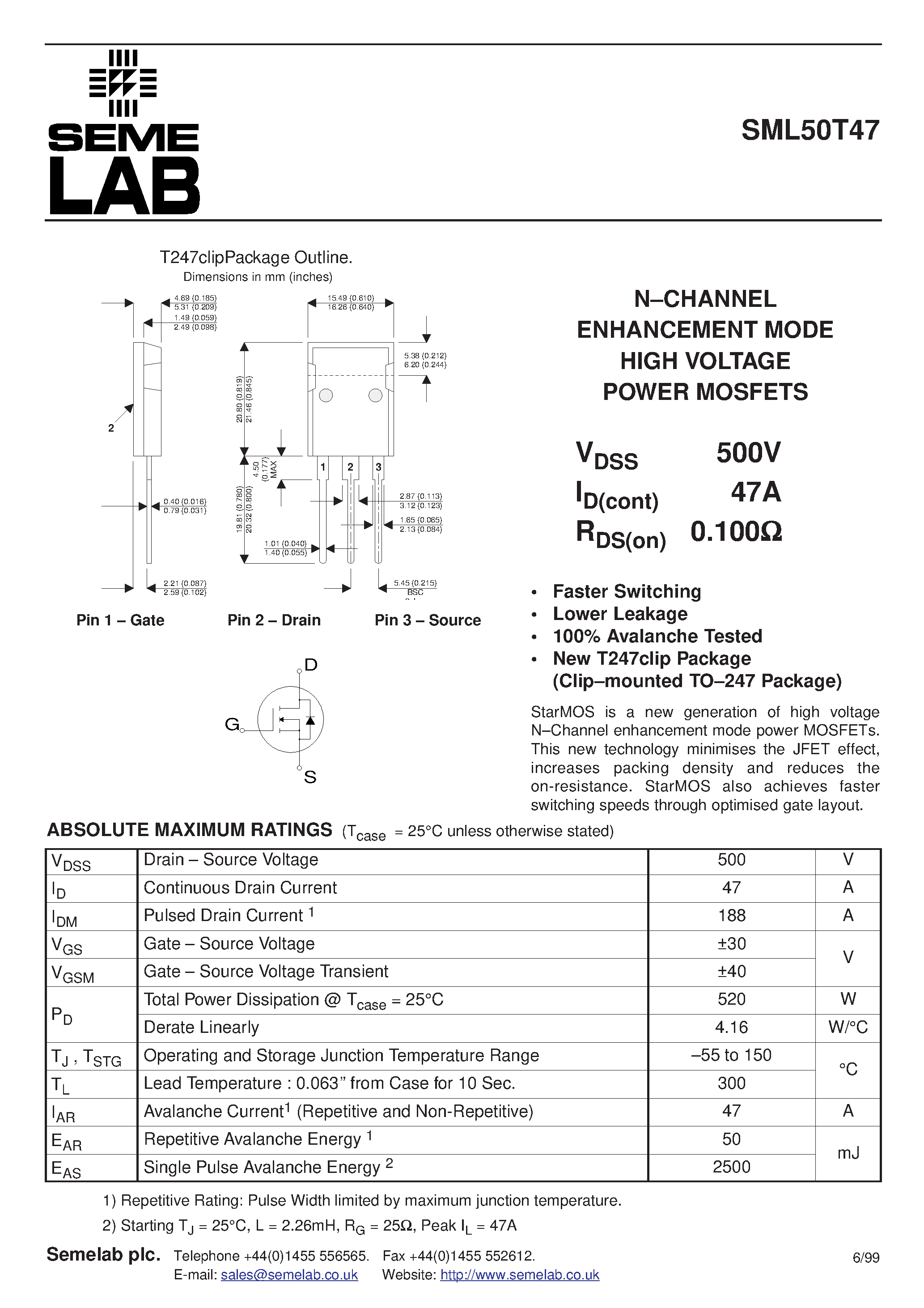 Datasheet SML50T47 page 1 Datasheet SML50T47 - N-CHANNEL ENHANCEMENT MODE HIGH VOLTAGE POWER MOSFETS page 1