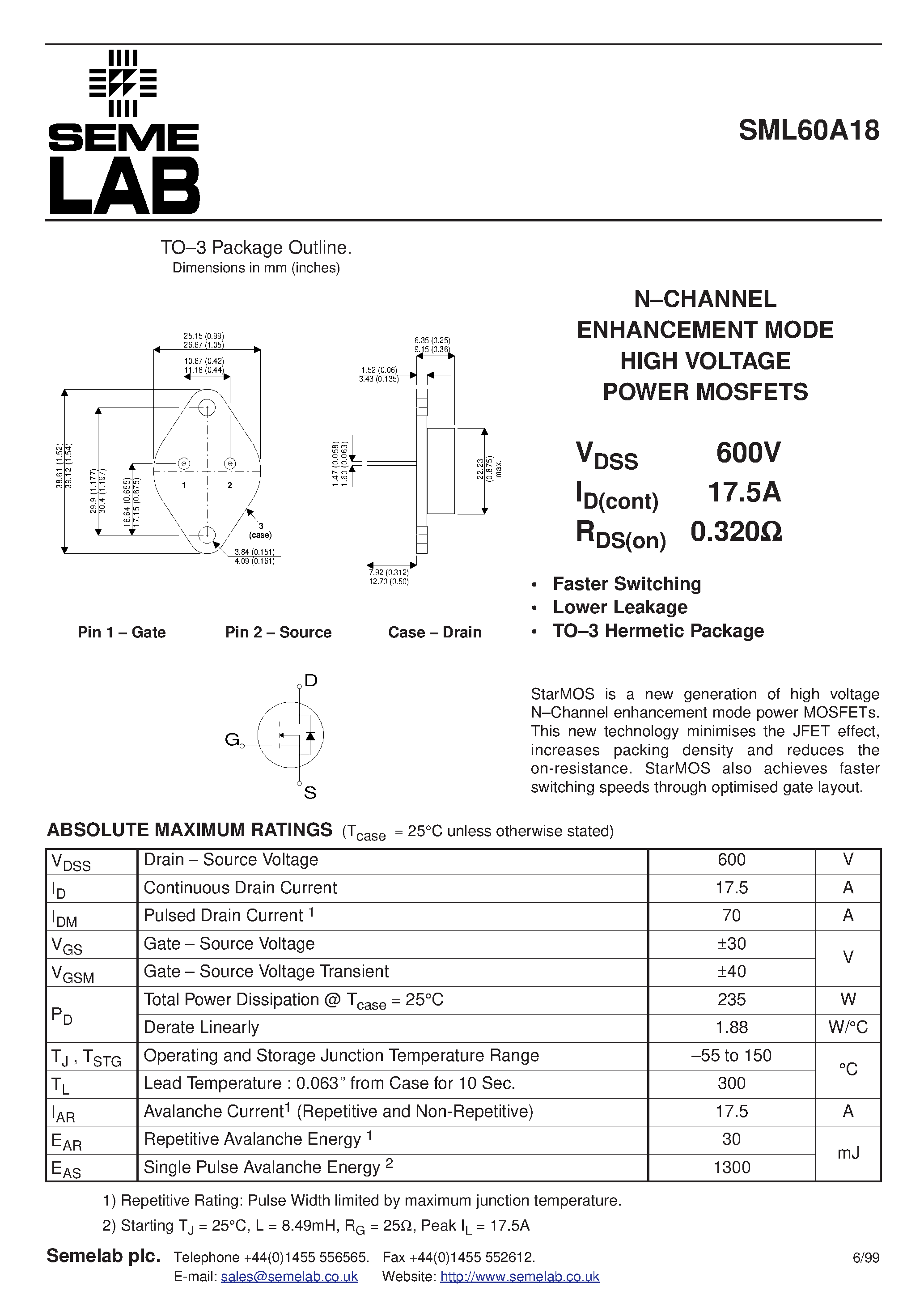 Datasheet SML60A18 - N-CHANNEL ENHANCEMENT MODE HIGH VOLTAGE POWER MOSFETS page 1