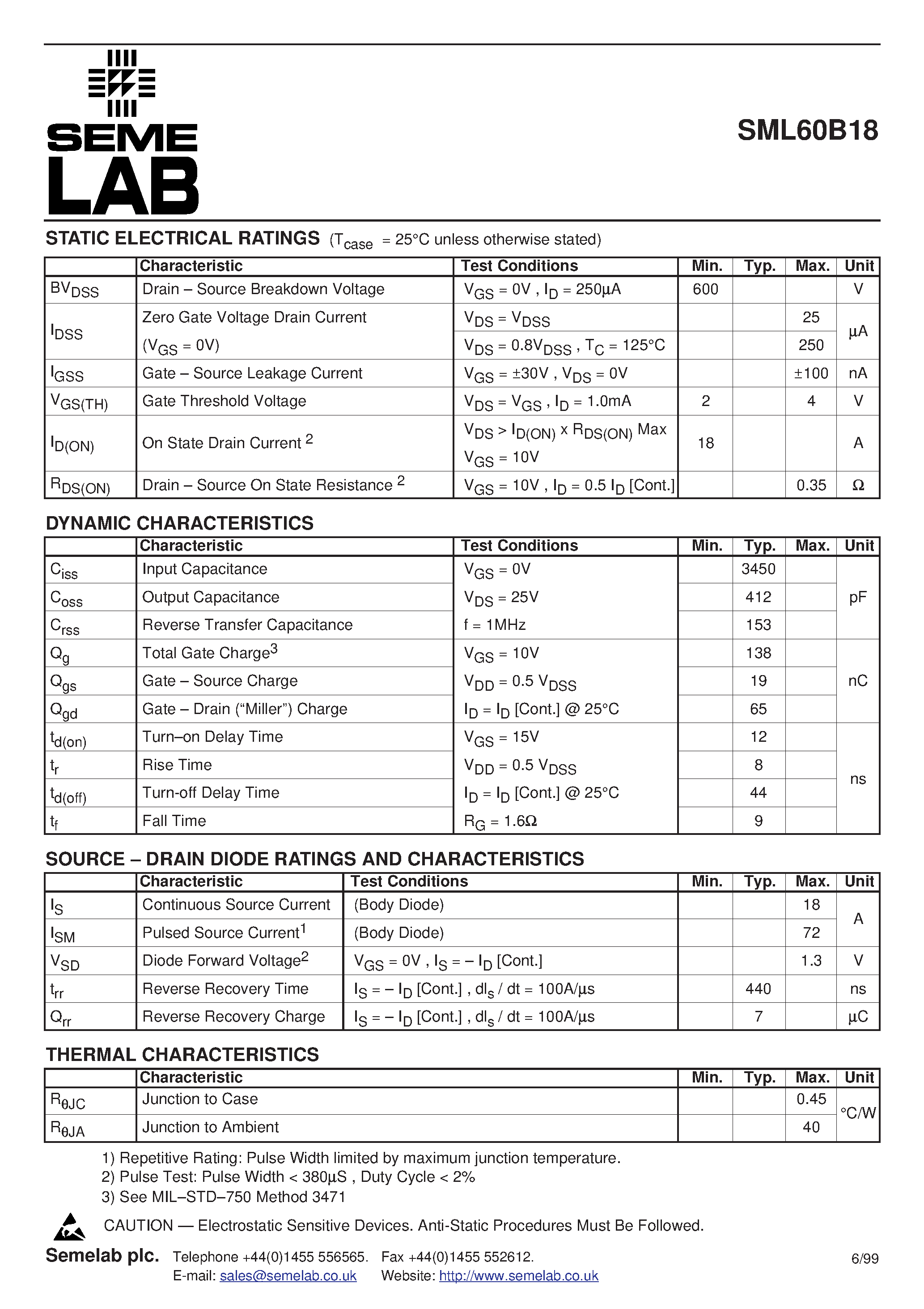 Datasheet SML60B18 - N-CHANNEL ENHANCEMENT MODE HIGH VOLTAGE POWER MOSFETS page 2