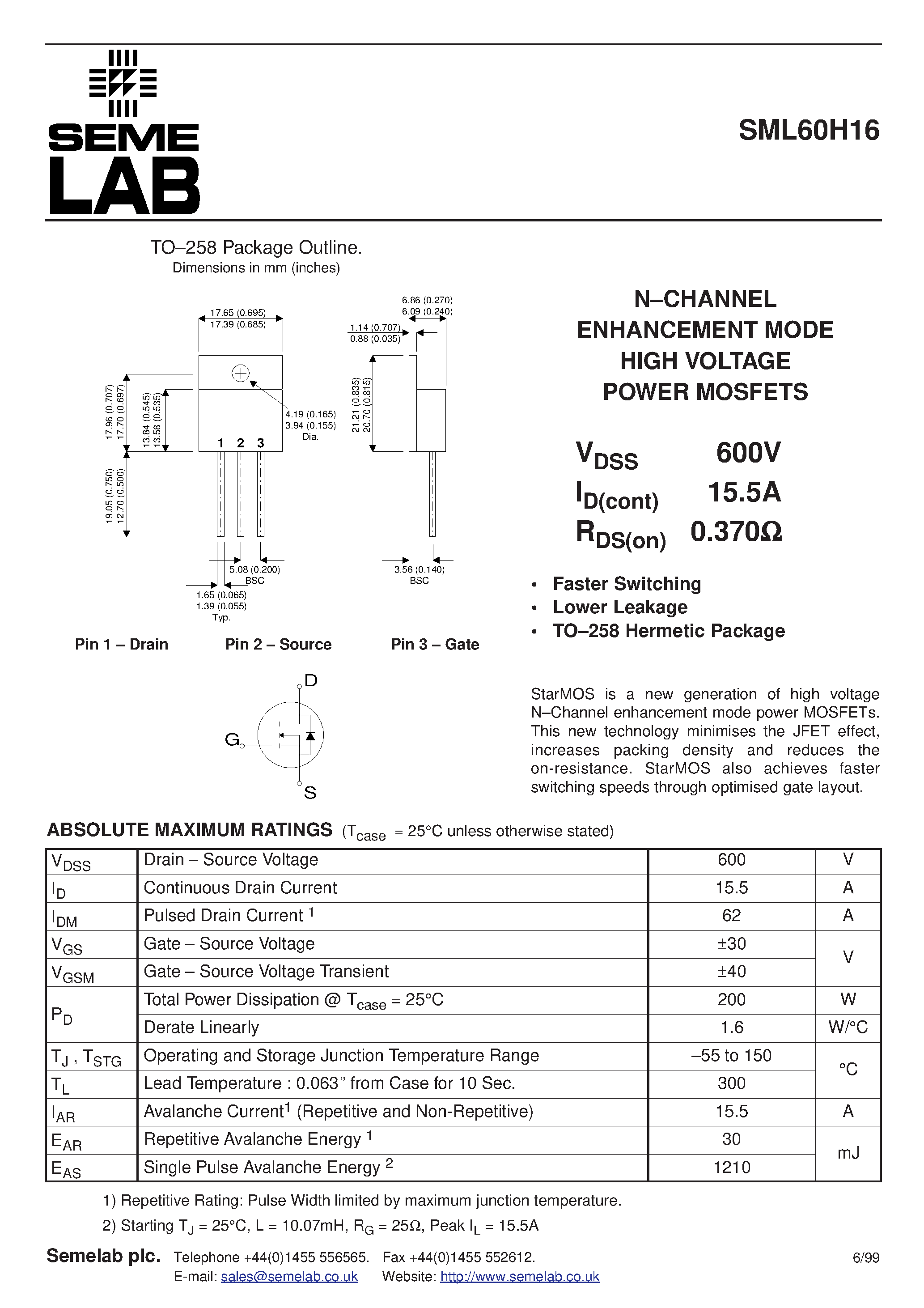Datasheet SML60H16 page 1 Datasheet SML60H16 - N-CHANNEL ENHANCEMENT MODE HIGH VOLTAGE POWER MOSFETS page 1
